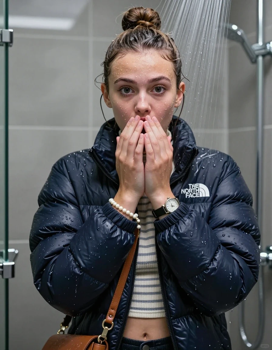 photo of young woman, in soaking wet, drenched clothes,
, , North face puffer down jacket, tight striped knit turtleneck sweater belly free, handbag, pearl necklace, bracelet, wristwatch , Under the shower, strong jet of water, modern mirrored bathroom, 
enjoying, wet clothes stuck to body,
detailed textures of the wet clothes, wet face, wet plastered hair,
wet, drenched, professional, high-quality details, full body view.
sharp focus, ultra-high pixel detail, realistic, high-quality, full colors, incredibly detailed, 4k, 8k, 16k, hyper-realistic, RAW photo, masterpiece, ultra-detailed, professionally color graded, professional photograph, Topknot

15 years old  teenage girl

Only head and shoulders are over the surface visible. Open mouth, big eyes. Looking at camera. Hold her hands over mouth.

she is completely underwater up to her neck, afraid and astonished expression. 

her submerged clothes are hardly vusible under water, she soaked her handbag into the water

close up view, wet skin, wet clothes, wet hair, damp fabric, water runs down the clothes, wet skin, wet clothes, damp fabric., wet skin, wet clothes, damp fabric, wet skin, wet clothes, damp fabric, wet skin, wet clothes, damp fabric