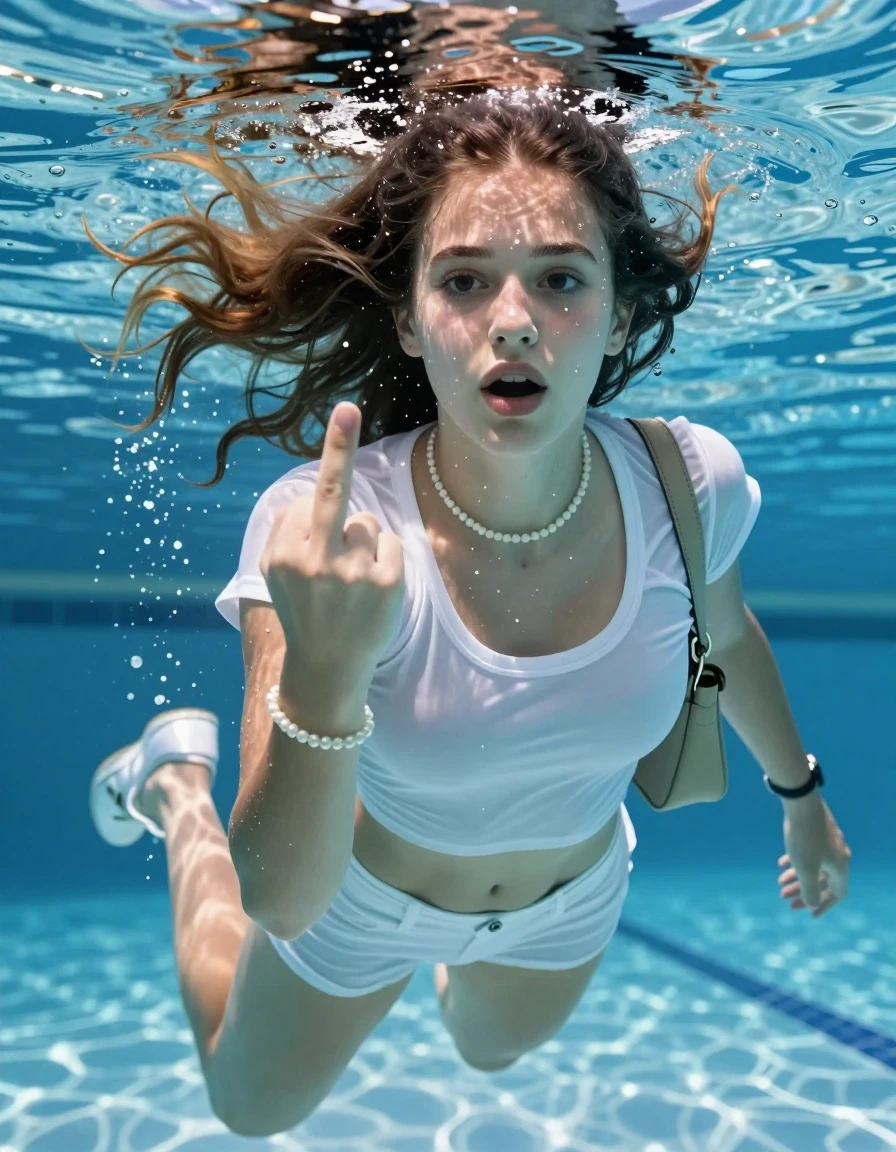 photo of young woman, in soaking wet, drenched clothes,
Heels, White mini , tight sexy tshirt with wide neckline belly free, shoulderbag, pearl necklace, bracelet, wristwatch , Swimming underwater in swimming pool, only head is visible over surface, 
enjoying, wet clothes stuck to body,
detailed textures of the wet clothes, wet face, wet plastered hair,
wet, drenched, professional, high-quality details, full body view.
sharp focus, ultra-high pixel detail, realistic, high-quality, full colors, incredibly detailed, 4k, 8k, 16k, hyper-realistic, RAW photo, masterpiece, ultra-detailed, professionally color graded, professional photograph, sleek long straight hair  

15 years old  teenage girl

Shows the middle finger with one hand. Looking slightly away. Open mouth, big eyes.

she is completely underwater up to her neck, afraid and astonished expression. 

Swimming movements with Arms and legs. Breast swimming.

her submerged clothes are hardly vusible under water, she soaked her handbag into the water

close up view, wet skin, wet clothes, wet hair, damp fabric, water runs down the clothes, wet skin, wet clothes, damp fabric, wet skin, wet clothes, damp fabric, wet skin, wet clothes, damp fabric, wet skin, wet clothes, damp fabric, wet skin, wet clothes, damp fabric, wet skin, wet clothes, damp fabric, wet skin, wet clothes, damp fabric, wet skin, wet clothes, damp fabric, wet skin, wet clothes, damp fabric, wet skin, wet clothes, damp fabric, wet skin, wet clothes, damp fabric, wet skin, wet clothes, damp fabric, wet skin, wet clothes, damp fabric, wet skin, wet clothes, damp fabric, wet skin, wet clothes, damp fabric, wet skin, wet clothes, damp fabric, wet skin, wet clothes, damp fabric, wet skin, wet clothes, damp fabric, wet skin, wet clothes, damp fabric, wet skin, wet clothes, damp fabric, wet skin, wet clothes, damp fabric, wet skin, wet clothes, damp fabric, wet skin, wet clothes, damp fabric, wet skin, wet clothes, damp fabric