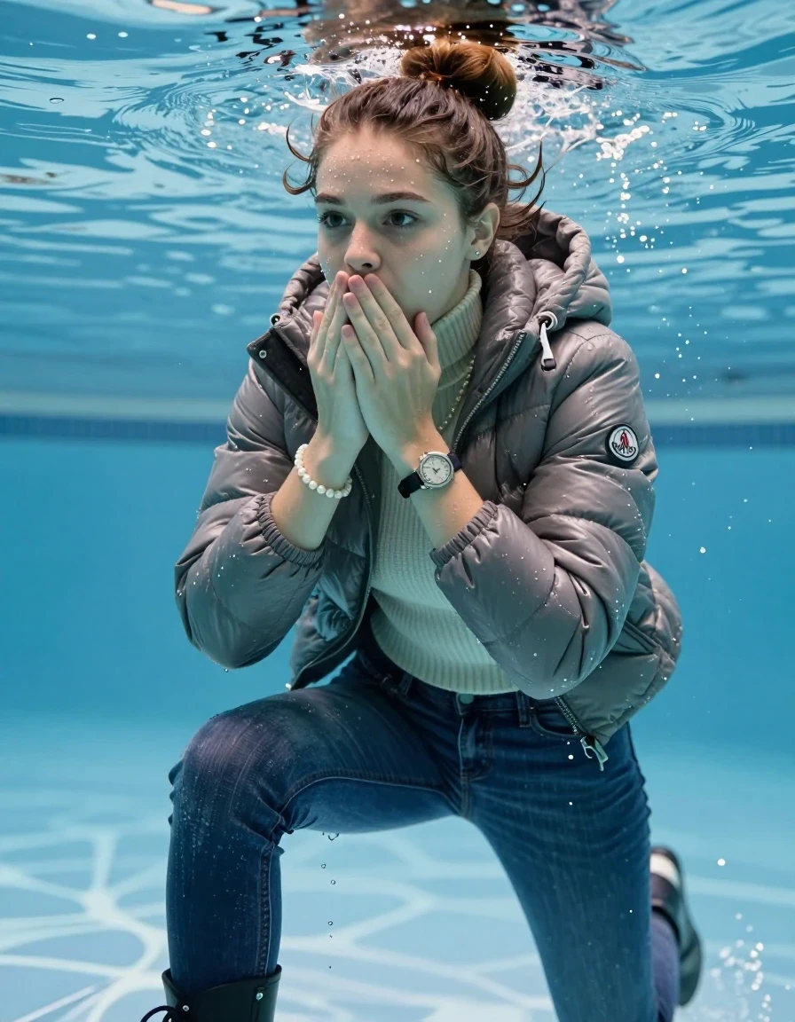 photo of young woman, in soaking wet, drenched clothes,
Boots, Completely soaked tight skinny jeans, Moncler shiny puffer down jacket, tight knit turtleneck sweater, shoulderbag, pearl necklace, bracelet, wristwatch , Swimming half underwater in swimming pool , 
enjoying, wet clothes stuck to body,
detailed textures of the wet clothes, wet face, wet plastered hair,
wet, drenched, professional, high-quality details, full body view.
sharp focus, ultra-high pixel detail, realistic, high-quality, full colors, incredibly detailed, 4k, 8k, 16k, hyper-realistic, RAW photo, masterpiece, ultra-detailed, professionally color graded, professional photograph, Topknot

15 years old  teenage girl

Looking slightly away. Hold her hands over mouth, closed mouth.

she is completely underwater up to her neck, afraid and astonished expression. 

her submerged clothes are hardly vusible under water, she soaked her handbag into the water

close up view, wet skin, wet clothes, wet hair, damp fabric, water runs down the clothes, wet skin, wet clothes, damp fabric, wet skin, wet clothes, damp fabric, wet skin, wet clothes, damp fabric, wet skin, wet clothes, damp fabric, wet skin, wet clothes, damp fabric, wet skin, wet clothes, damp fabric, wet skin, wet clothes, damp fabric, wet skin, wet clothes, damp fabric, wet skin, wet clothes, damp fabric, wet skin, wet clothes, damp fabric, wet skin, wet clothes, damp fabric, wet skin, wet clothes, damp fabric, wet skin, wet clothes, damp fabric, wet skin, wet clothes, damp fabric, wet skin, wet clothes, damp fabric, wet skin, wet clothes, damp fabric, wet skin, wet clothes, damp fabric, wet skin, wet clothes, damp fabric, wet skin, wet clothes, damp fabric