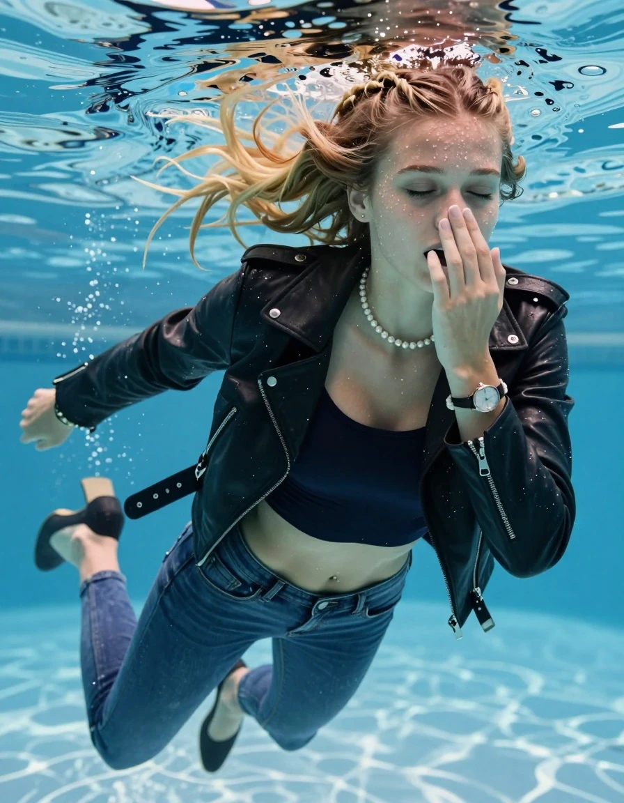 photo of young woman, in soaking wet, drenched clothes,
Heels, Completely soaked tight skinny jeans, Black biker leatherjacket, tight sexy tshirt with wide neckline belly free, shoulderbag, pearl necklace, bracelet, wristwatch , Swimming half submerged underwater in swimming pool , 
enjoying, wet clothes stuck to body,
detailed textures of the wet clothes, wet face, wet plastered hair,
wet, drenched, professional, high-quality details, full body view.
sharp focus, ultra-high pixel detail, realistic, high-quality, full colors, incredibly detailed, 4k, 8k, 16k, hyper-realistic, RAW photo, masterpiece, ultra-detailed, professionally color graded, professional photograph, Two blonde sleek long braids

15 years old  teenage girl

Covers her nose with her fingers. Looking slightly away. Open mouth, closed eyes.

she is completely underwater up to her neck, afraid and astonished expression. 

Swimming movements with Arms and legs. Breast swimming.

her submerged clothes are hardly vusible under water, she soaked her handbag into the water

close up view, wet skin, wet clothes, wet hair, damp fabric, water runs down the clothes, wet skin, wet clothes, damp fabric, wet skin, wet clothes, damp fabric, wet skin, wet clothes, damp fabric, wet skin, wet clothes, damp fabric, wet skin, wet clothes, damp fabric, wet skin, wet clothes, damp fabric, wet skin, wet clothes, damp fabric, wet skin, wet clothes, damp fabric, wet skin, wet clothes, damp fabric, wet skin, wet clothes, damp fabric, wet skin, wet clothes, damp fabric, wet skin, wet clothes, damp fabric, wet skin, wet clothes, damp fabric, wet skin, wet clothes, damp fabric, wet skin, wet clothes, damp fabric, wet skin, wet clothes, damp fabric, wet skin, wet clothes, damp fabric, wet skin, wet clothes, damp fabric, wet skin, wet clothes, damp fabric, wet skin, wet clothes, damp fabric