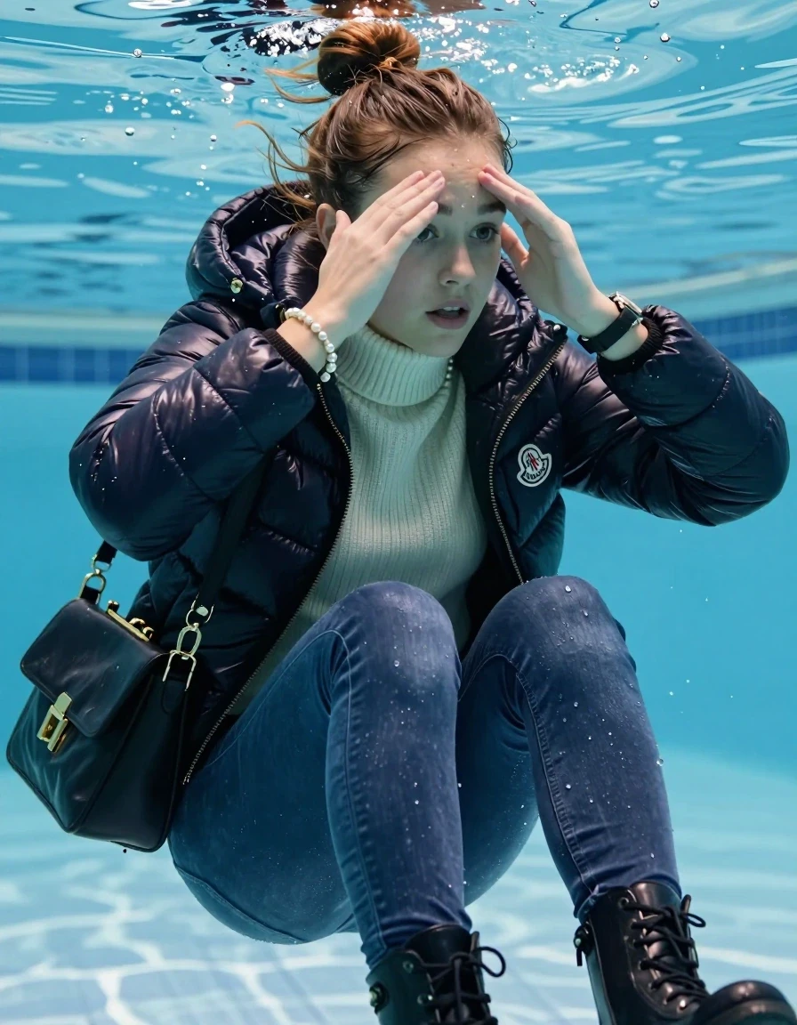 photo of young woman, in soaking wet, drenched clothes,
Boots, Completely soaked tight skinny jeans, Moncler shiny puffer down jacket, tight knit turtleneck sweater, shoulderbag, pearl necklace, bracelet, wristwatch , Swimming half underwater in swimming pool , 
enjoying, wet clothes stuck to body,
detailed textures of the wet clothes, wet face, wet plastered hair,
wet, drenched, professional, high-quality details, full body view.
sharp focus, ultra-high pixel detail, realistic, high-quality, full colors, incredibly detailed, 4k, 8k, 16k, hyper-realistic, RAW photo, masterpiece, ultra-detailed, professionally color graded, professional photograph, Topknot

15 years old  teenage girl

Looking slightly away. Hold her hands over forehead, closed mouth.

she is completely underwater up to her neck, afraid and astonished expression. 

her submerged clothes are hardly vusible under water, she soaked her handbag into the water

close up view, wet skin, wet clothes, wet hair, damp fabric, water runs down the clothes, wet skin, wet clothes, damp fabric, wet skin, wet clothes, damp fabric, wet skin, wet clothes, damp fabric, wet skin, wet clothes, damp fabric, wet skin, wet clothes, damp fabric, wet skin, wet clothes, damp fabric, wet skin, wet clothes, damp fabric, wet skin, wet clothes, damp fabric, wet skin, wet clothes, damp fabric, wet skin, wet clothes, damp fabric, wet skin, wet clothes, damp fabric, wet skin, wet clothes, damp fabric, wet skin, wet clothes, damp fabric, wet skin, wet clothes, damp fabric, wet skin, wet clothes, damp fabric, wet skin, wet clothes, damp fabric, wet skin, wet clothes, damp fabric, wet skin, wet clothes, damp fabric, wet skin, wet clothes, damp fabric