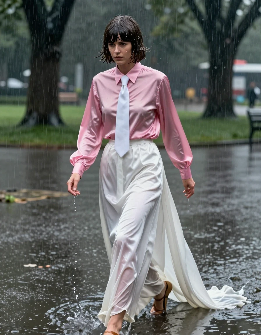 A photorealistic shot of a young adult European woman with a Beatles-style haircut, captured in a park during a heavy storm. She is wearing an oversized pink long-sleeved satin blouse with a crisp white necktie and a floor-length white silk skirt that is excessively long, trailing behind her. She is wearing sandals. The hem of the silk skirt is submerged in a deep puddle, with the fabric heavily soaked, translucent, and clinging to her legs due to the water weight. The satin blouse is dark and saturated from the rain, showing heavy wet folds and a high-gloss sheen. She is clumsily navigating through the flooded park, her expression one of focused effort. The environment is dark and stormy with rain-slicked surfaces, heavy atmosphere, and dramatic lighting reflecting off the water. High-resolution, 8k, cinematic lighting, hyper-detailed textures, wet hair strands plastered to her forehead, realistic water droplets and puddles, sharp focus on the wet fabric textures.