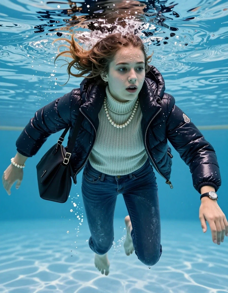 photo of young woman, in soaking wet, drenched clothes,
Boots, Completely soaked tight skinny jeans, Moncler shiny puffer down jacket, tight knit turtleneck sweater, shoulderbag, pearl necklace, bracelet, wristwatch , Swimming half underwater in swimming pool , 
enjoying, wet clothes stuck to body,
detailed textures of the wet clothes, wet face, wet plastered hair,
wet, drenched, professional, high-quality details, full body view.
sharp focus, ultra-high pixel detail, realistic, high-quality, full colors, incredibly detailed, 4k, 8k, 16k, hyper-realistic, RAW photo, masterpiece, ultra-detailed, professionally color graded, professional photograph, Sleek ponytail 

15 years old  teenage girl

Looking slightly away. 

she is completely underwater up to her neck, afraid and astonished expression. 

Swimming movements with Arms and legs. Breast swimming.

her submerged clothes are hardly vusible under water, she soaked her handbag into the water

close up view, wet skin, wet clothes, wet hair, damp fabric, water runs down the clothes, wet skin, wet clothes, damp fabric, wet skin, wet clothes, damp fabric, wet skin, wet clothes, damp fabric, wet skin, wet clothes, damp fabric, wet skin, wet clothes, damp fabric, wet skin, wet clothes, damp fabric, wet skin, wet clothes, damp fabric, wet skin, wet clothes, damp fabric, wet skin, wet clothes, damp fabric, wet skin, wet clothes, damp fabric, wet skin, wet clothes, damp fabric, wet skin, wet clothes, damp fabric, wet skin, wet clothes, damp fabric, wet skin, wet clothes, damp fabric, wet skin, wet clothes, damp fabric, wet skin, wet clothes, damp fabric, wet skin, wet clothes, damp fabric, wet skin, wet clothes, damp fabric, wet skin, wet clothes, damp fabric