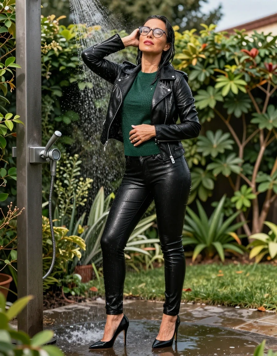 photo of young woman, in soaking wet, drenched clothes,
stlletto shoes, long black leather jeans, dark green sweater, black byker leather jacket, takin shower in sunny garden, enjoying wet clothes stuck body, enjoying, wet clothes stuck to body, 
enjoying, wet clothes stuck to body,
detailed textures of the wet clothes, wet face, wet plastered hair,
wet, drenched, professional, high-quality details, full body view.
sharp focus, ultra-high pixel detail, realistic, high-quality, full colors, incredibly detailed, 4k, 8k, 16k, hyper-realistic, RAW photo, masterpiece, ultra-detailed, professionally color graded, professional photograph, europen brunette skinny woman 50 years old, long dark black hair, very big and thick lips,  office glasses, complete body, wet skin, wet clothes, damp fabric, wet skin, wet clothes, damp fabric, wet skin, wet clothes, damp fabric, wet skin, wet clothes, damp fabric, wet skin, wet clothes, damp fabric