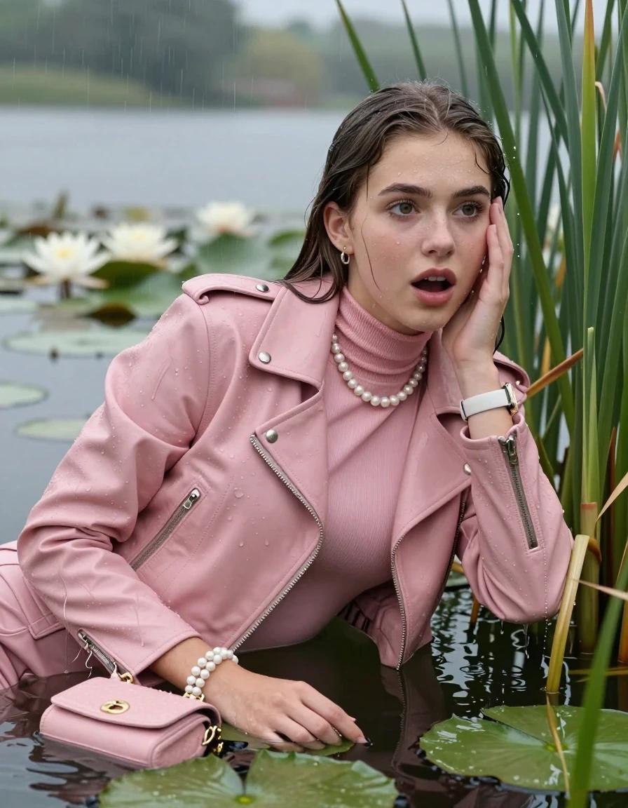 photo of young woman, in soaking wet, drenched clothes,
, , Light pink biker leatherjacket, tight turtleneck sweater with wide neckline belly free, handbag, pearl necklace, bracelet, wristwatch , Emerging after diving in a lake with water lilies and reeds, rain , 
enjoying, wet clothes stuck to body,
detailed textures of the wet clothes, wet face, wet plastered hair,
wet, drenched, professional, high-quality details, full body view.
sharp focus, ultra-high pixel detail, realistic, high-quality, full colors, incredibly detailed, 4k, 8k, 16k, hyper-realistic, RAW photo, masterpiece, ultra-detailed, professionally color graded, professional photograph, Sleek long straight hair

15 years old  teenage girl

Laying her breast on the surface.  Looking slightly away. Hold her hand on her face. Open mouth, big eyes.

she is completely underwater up to her neck, afraid and astonished expression. 

She hides in the reeds and is surprised by spectators

her submerged clothes are hardly vusible under water, she soaked her handbag into the water

close up view, wet skin, wet clothes, wet hair, damp fabric, water runs down the clothes, wet skin, wet clothes, damp fabric., wet skin, wet clothes, damp fabric, wet skin, wet clothes, damp fabric