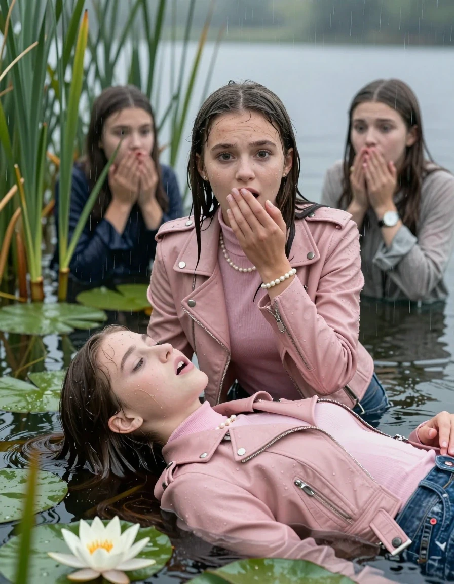 photo of young woman, in soaking wet, drenched clothes,
, , Light pink biker leatherjacket, tight turtleneck sweater with wide neckline belly free, handbag, pearl necklace, bracelet, wristwatch , Two 15-years-old teenage girls Emerging after diving in a lake with water lilies and reeds, rain , 
enjoying, wet clothes stuck to body,
detailed textures of the wet clothes, wet face, wet plastered hair,
wet, drenched, professional, high-quality details, full body view.
sharp focus, ultra-high pixel detail, realistic, high-quality, full colors, incredibly detailed, 4k, 8k, 16k, hyper-realistic, RAW photo, masterpiece, ultra-detailed, professionally color graded, professional photograph, Sleek long straight hair

15 years old  teenage girl

Laying her breast on the surface.  Looking slightly away. Hold her hand on her mouth. Open mouth, big eyes.

she is completely underwater up to her neck, afraid and astonished expression. 

The girls wear different clothes.

She hides in the reeds and is surprised by spectators

her submerged clothes are hardly vusible under water, she soaked her handbag into the water

close up view, wet skin, wet clothes, wet hair, damp fabric, water runs down the clothes, wet skin, wet clothes, damp fabric., wet skin, wet clothes, damp fabric, wet skin, wet clothes, damp fabric, wet skin, wet clothes, damp fabric