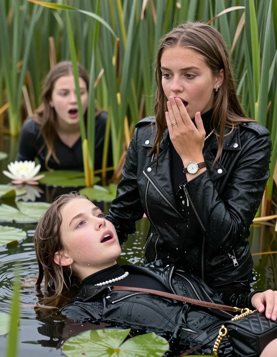 photo of young woman, in soaking wet, drenched clothes,
, , Black biker leatherjacket, tight turtleneck sweater with wide neckline belly free, handbag, pearl necklace, bracelet, wristwatch , Two 15-years-old teenage girls Emerging after diving in a lake with water lilies and reeds, 
enjoying, wet clothes stuck to body,
detailed textures of the wet clothes, wet face, wet plastered hair,
wet, drenched, professional, high-quality details, full body view.
sharp focus, ultra-high pixel detail, realistic, high-quality, full colors, incredibly detailed, 4k, 8k, 16k, hyper-realistic, RAW photo, masterpiece, ultra-detailed, professionally color graded, professional photograph, Sleek long straight hair

15 years old  teenage girl

Laying her breast on the surface.  Looking slightly away. Hold her hand on her mouth. Open mouth, big eyes.

she is completely underwater up to her neck, afraid and astonished expression. 

The girls wear different clothes.

She hides in the reeds and is surprised by spectators

her submerged clothes are hardly vusible under water, she soaked her handbag into the water

close up view, wet skin, wet clothes, wet hair, damp fabric, water runs down the clothes, wet skin, wet clothes, damp fabric., wet skin, wet clothes, damp fabric, wet skin, wet clothes, damp fabric