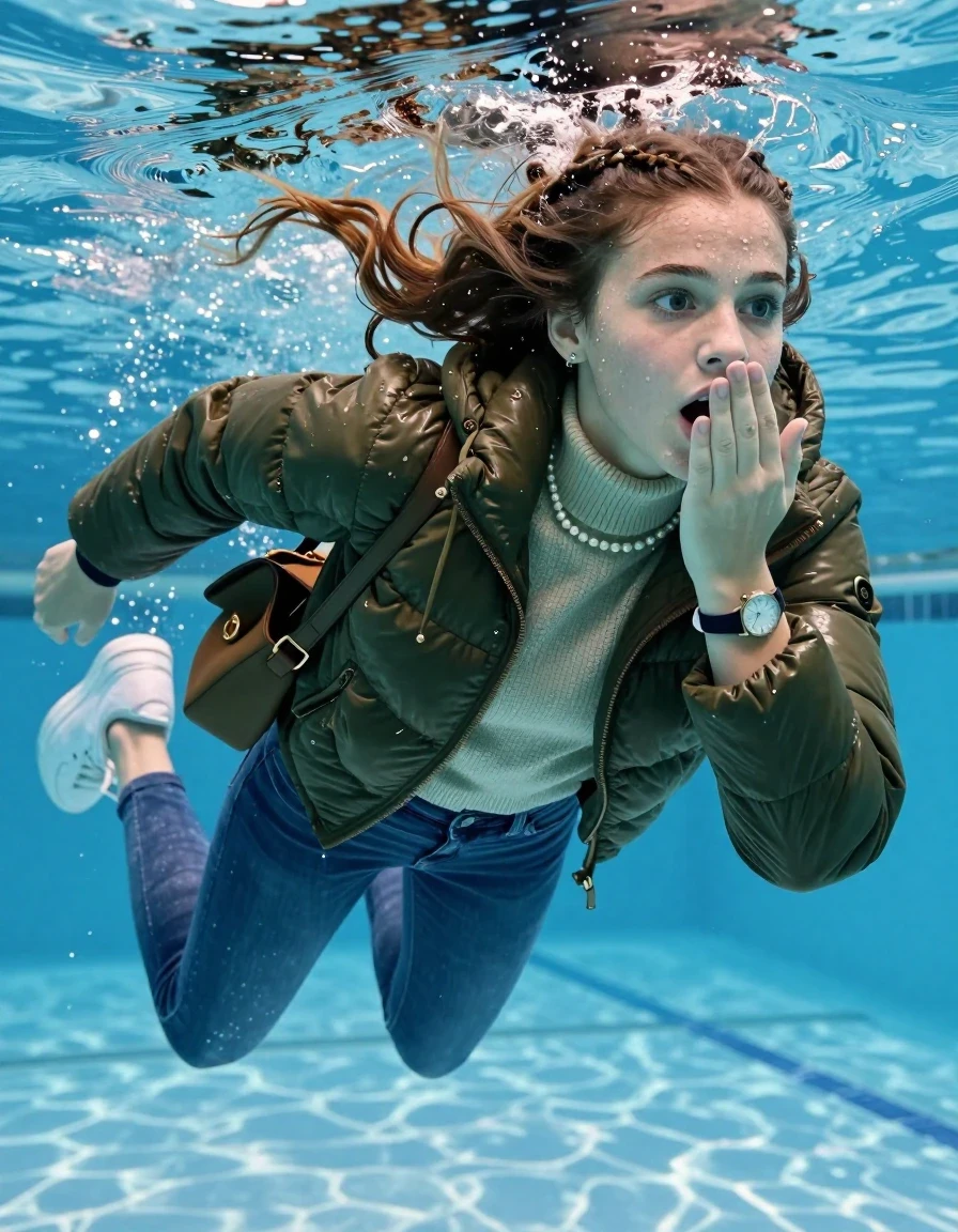 photo of young woman, in soaking wet, drenched clothes,
White sneakers , Completely soaked tight skinny jeans,  Belstaff olive shiny puffer down jacket, tight knit turtleneck sweater, shoulderbag, pearl necklace, bracelet, wristwatch , Swimming half submerged underwater in swimming pool , 
enjoying, wet clothes stuck to body,
detailed textures of the wet clothes, wet face, wet plastered hair,
wet, drenched, professional, high-quality details, full body view.
sharp focus, ultra-high pixel detail, realistic, high-quality, full colors, incredibly detailed, 4k, 8k, 16k, hyper-realistic, RAW photo, masterpiece, ultra-detailed, professionally color graded, professional photograph, Two sleek long braids

15 years old  teenage girl

Hold her hand over her mouth and nose. Looking slightly away. Open mouth, big eyes.

she is completely underwater up to her neck, afraid and astonished expression. 

Swimming movements with Arms and legs. Breast swimming.

her submerged clothes are hardly vusible under water, she soaked her handbag into the water

close up view, wet skin, wet clothes, wet hair, damp fabric, water runs down the clothes, wet skin, wet clothes, damp fabric, wet skin, wet clothes, damp fabric, wet skin, wet clothes, damp fabric, wet skin, wet clothes, damp fabric, wet skin, wet clothes, damp fabric, wet skin, wet clothes, damp fabric, wet skin, wet clothes, damp fabric, wet skin, wet clothes, damp fabric, wet skin, wet clothes, damp fabric, wet skin, wet clothes, damp fabric, wet skin, wet clothes, damp fabric, wet skin, wet clothes, damp fabric, wet skin, wet clothes, damp fabric, wet skin, wet clothes, damp fabric, wet skin, wet clothes, damp fabric, wet skin, wet clothes, damp fabric, wet skin, wet clothes, damp fabric, wet skin, wet clothes, damp fabric, wet skin, wet clothes, damp fabric, wet skin, wet clothes, damp fabric