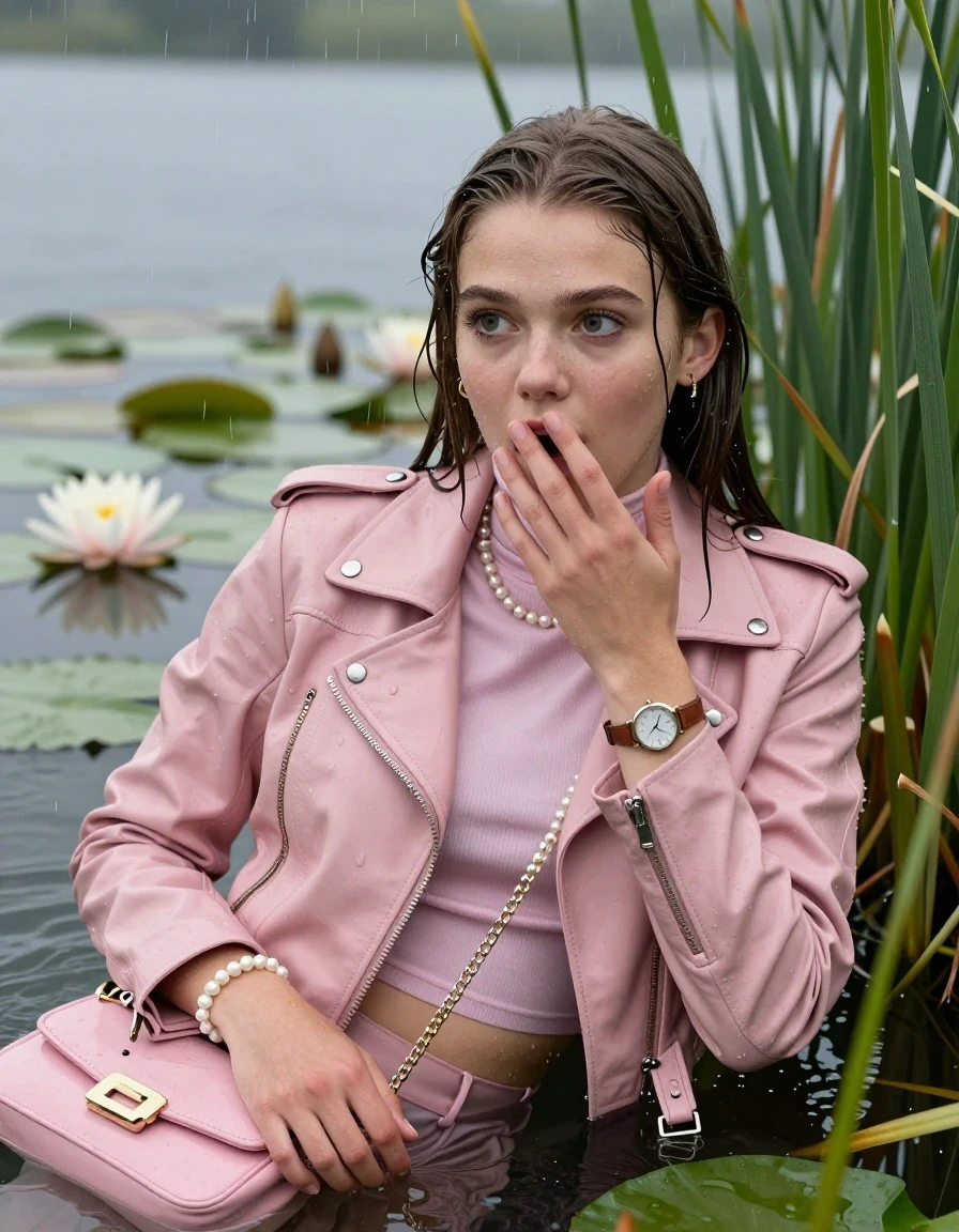 photo of young woman, in soaking wet, drenched clothes,
, , Light pink biker leatherjacket, tight turtleneck sweater with wide neckline belly free, handbag, pearl necklace, bracelet, wristwatch , Emerging after diving in a lake with water lilies and reeds, rain , 
enjoying, wet clothes stuck to body,
detailed textures of the wet clothes, wet face, wet plastered hair,
wet, drenched, professional, high-quality details, full body view.
sharp focus, ultra-high pixel detail, realistic, high-quality, full colors, incredibly detailed, 4k, 8k, 16k, hyper-realistic, RAW photo, masterpiece, ultra-detailed, professionally color graded, professional photograph, Sleek long straight hair

15 years old  teenage girl

Laying her breast on the surface.  Looking slightly away. Hold her hand on her mouth. Open mouth, big eyes.

she is completely underwater up to her neck, afraid and astonished expression. 

She hides in the reeds and is surprised by spectators

her submerged clothes are hardly vusible under water, she soaked her handbag into the water

close up view, wet skin, wet clothes, wet hair, damp fabric, water runs down the clothes, wet skin, wet clothes, damp fabric., wet skin, wet clothes, damp fabric, wet skin, wet clothes, damp fabric