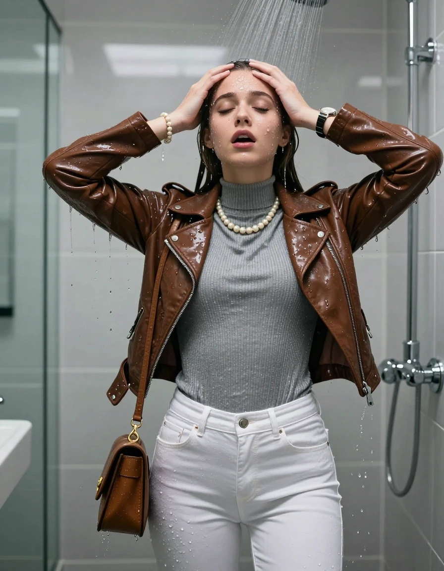 photo of young woman, in soaking wet, drenched clothes,
, Totaly wet tight white skinny jeans, Brown biker leatherjacket, tight grey knit turtleneck sweater belly free, handbag, pearl necklace, bracelet, wristwatch , Under the shower, strong jet of water, modern mirrored bathroom, 
enjoying, wet clothes stuck to body,
detailed textures of the wet clothes, wet face, wet plastered hair,
wet, drenched, professional, high-quality details, full body view.
sharp focus, ultra-high pixel detail, realistic, high-quality, full colors, incredibly detailed, 4k, 8k, 16k, hyper-realistic, RAW photo, masterpiece, ultra-detailed, professionally color graded, professional photograph, Sleek long straight hair with hairband

15 years old  teenage girl

Only head and shoulders are over the surface visible. Hold her hands over her forehead. Open mouth, closed eyes. Looking up.

she is completely underwater up to her neck, afraid and astonished expression. 

her submerged clothes are hardly vusible under water, she soaked her handbag into the water

close up view, wet skin, wet clothes, wet hair, damp fabric, water runs down the clothes, wet skin, wet clothes, damp fabric., wet skin, wet clothes, damp fabric, wet skin, wet clothes, damp fabric