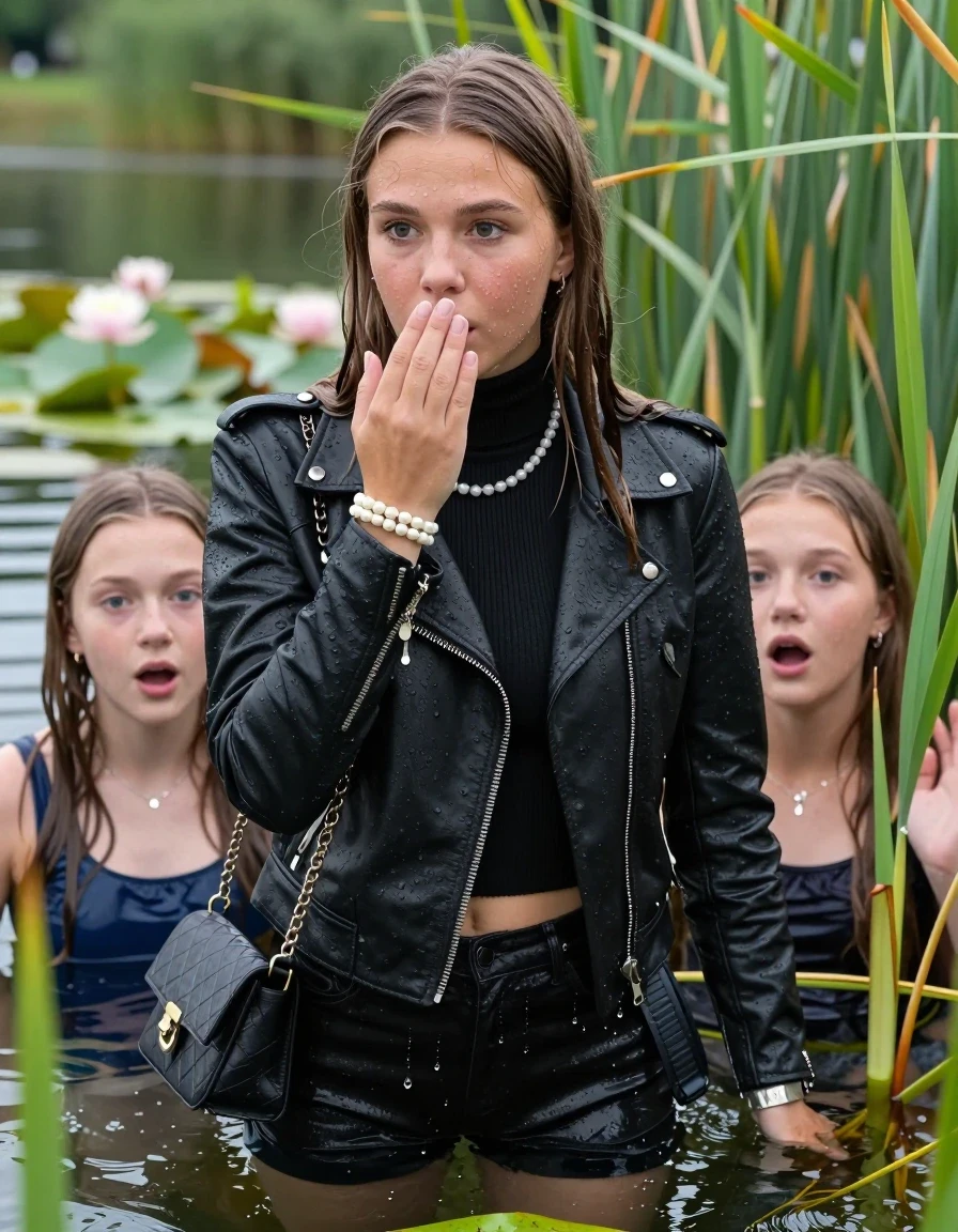 photo of young woman, in soaking wet, drenched clothes,
, , Black biker leatherjacket, tight turtleneck sweater with wide neckline belly free, handbag, pearl necklace, bracelet, wristwatch , Two 15-years-old teenage girls Emerging after diving at the surface in a lake with water lilies and reeds, 
enjoying, wet clothes stuck to body,
detailed textures of the wet clothes, wet face, wet plastered hair,
wet, drenched, professional, high-quality details, full body view.
sharp focus, ultra-high pixel detail, realistic, high-quality, full colors, incredibly detailed, 4k, 8k, 16k, hyper-realistic, RAW photo, masterpiece, ultra-detailed, professionally color graded, professional photograph, Sleek long straight hair

15 years old  teenage girl.

Looking slightly away. Hold her hand on her mouth. Open mouth, big eyes.

she is completely underwater up to her neck, afraid and astonished expression. 

The girls wear different clothes.

She hides in the reeds and is surprised by spectators

her submerged clothes are hardly vusible under water, she soaked her handbag into the water

close up view, wet skin, wet clothes, wet hair, damp fabric, water runs down the clothes, wet skin, wet clothes, damp fabric., wet skin, wet clothes, damp fabric, wet skin, wet clothes, damp fabric