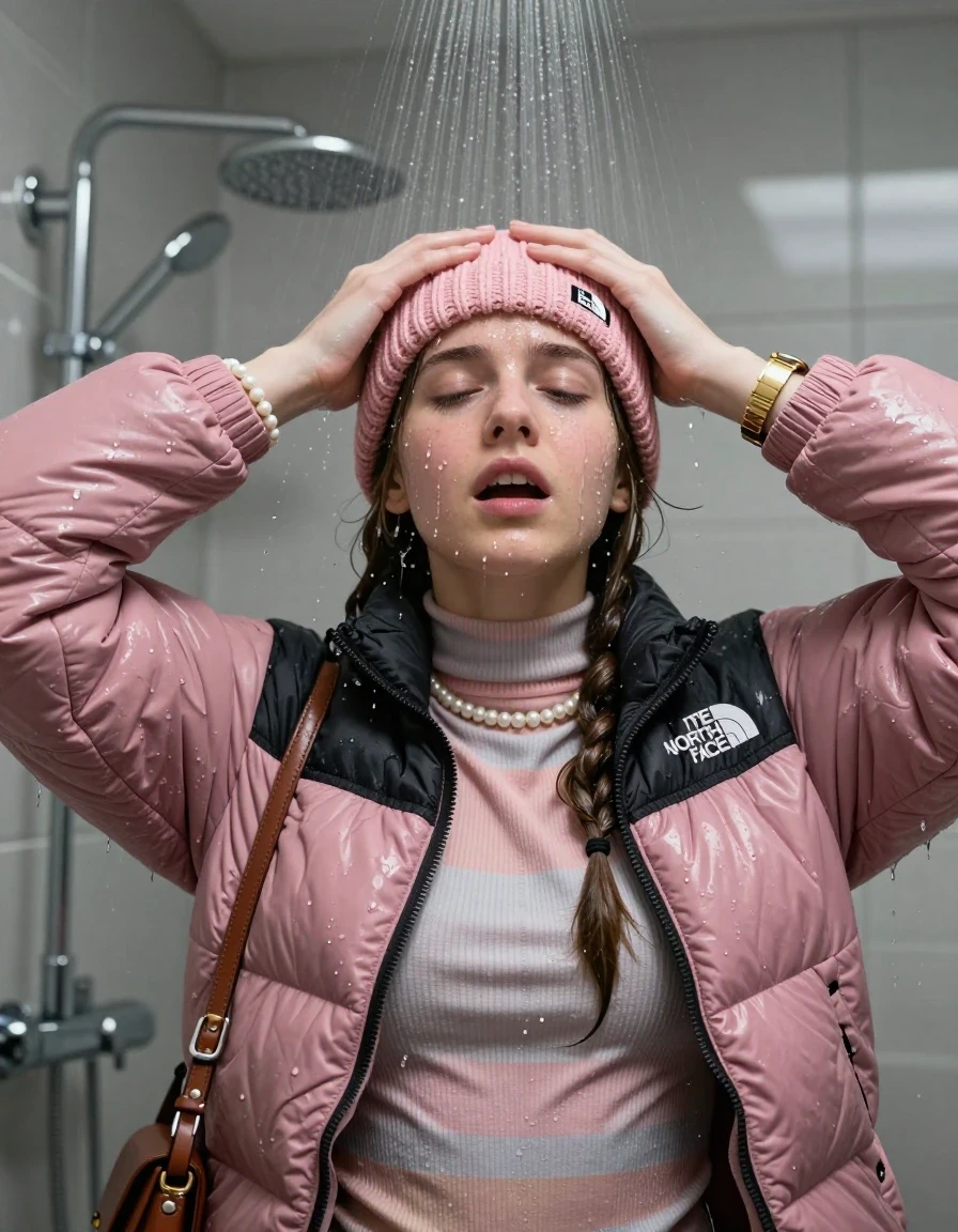 photo of young woman, in soaking wet, drenched clothes,
, , Pink North face puffer down jacket, tight striped knit turtleneck sweater belly free, handbag, pearl necklace, bracelet, wristwatch, pink knitted north face hat, Under the shower, strong jet of water, modern mirrored bathroom, 
enjoying, wet clothes stuck to body,
detailed textures of the wet clothes, wet face, wet plastered hair,
wet, drenched, professional, high-quality details, full body view.
sharp focus, ultra-high pixel detail, realistic, high-quality, full colors, incredibly detailed, 4k, 8k, 16k, hyper-realistic, RAW photo, masterpiece, ultra-detailed, professionally color graded, professional photograph, Two pigtails

15 years old  teenage girl

Only head and shoulders are over the surface visible. Open mouth, closed eyes. Looking up. Hold her hands over her forehead.

she is completely underwater up to her neck, afraid and astonished expression. 

her submerged clothes are hardly vusible under water, she soaked her handbag into the water

close up view, wet skin, wet clothes, wet hair, damp fabric, water runs down the clothes, wet skin, wet clothes, damp fabric., wet skin, wet clothes, damp fabric, wet skin, wet clothes, damp fabric, wet skin, wet clothes, damp fabric