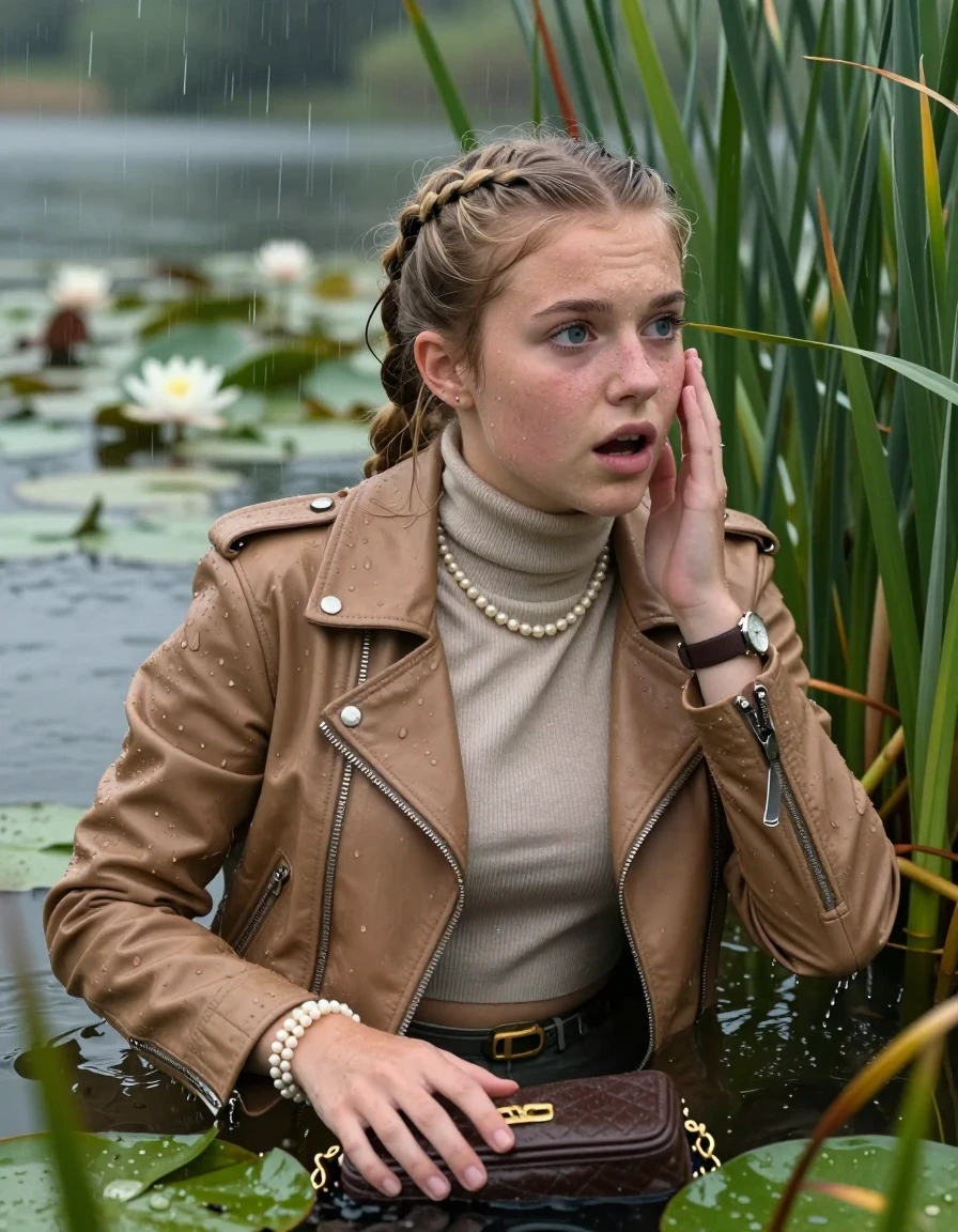 photo of young woman, in soaking wet, drenched clothes,
, , Light Brown biker leatherjacket, tight turtleneck sweater with wide neckline belly free, handbag, pearl necklace, bracelet, wristwatch , Emerging after diving in a lake with water lilies and reeds, rain , 
enjoying, wet clothes stuck to body,
detailed textures of the wet clothes, wet face, wet plastered hair,
wet, drenched, professional, high-quality details, full body view.
sharp focus, ultra-high pixel detail, realistic, high-quality, full colors, incredibly detailed, 4k, 8k, 16k, hyper-realistic, RAW photo, masterpiece, ultra-detailed, professionally color graded, professional photograph, Blonde braids

15 years old  teenage girl

Laying her breast on the surface.  Looking slightly away. Hold her hand on her face. Open mouth, big eyes.

she is completely underwater up to her neck, afraid and astonished expression. 

She hides in the reeds and is surprised by spectators

her submerged clothes are hardly vusible under water, she soaked her handbag into the water

close up view, wet skin, wet clothes, wet hair, damp fabric, water runs down the clothes, wet skin, wet clothes, damp fabric., wet skin, wet clothes, damp fabric, wet skin, wet clothes, damp fabric