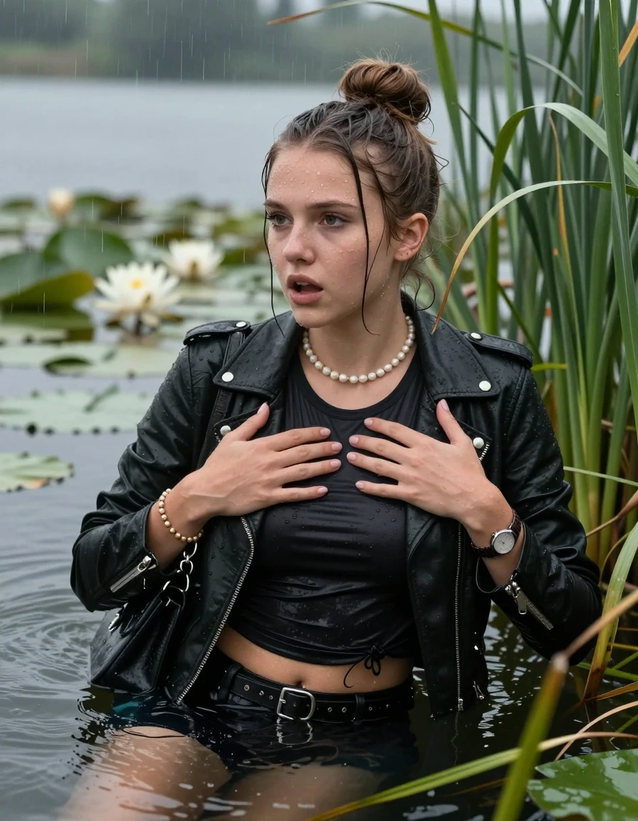 photo of young woman, in soaking wet, drenched clothes,
, , Black biker leatherjacket, tight sexy tshirt with wide neckline belly free, handbag, pearl necklace, bracelet, wristwatch , Emerging after diving in a lake with water lilies and reeds, rain , 
enjoying, wet clothes stuck to body,
detailed textures of the wet clothes, wet face, wet plastered hair,
wet, drenched, professional, high-quality details, full body view.
sharp focus, ultra-high pixel detail, realistic, high-quality, full colors, incredibly detailed, 4k, 8k, 16k, hyper-realistic, RAW photo, masterpiece, ultra-detailed, professionally color graded, professional photograph, Topknot

15 years old  teenage girl

Laying her breast on the surface.  Looking slightly away. Hold her hands on her breast.

she is completely underwater up to her neck, afraid and astonished expression. 

She hides in the reeds and is surprised by spectators

her submerged clothes are hardly vusible under water, she soaked her handbag into the water

close up view, wet skin, wet clothes, wet hair, damp fabric, water runs down the clothes, wet skin, wet clothes, damp fabric., wet skin, wet clothes, damp fabric