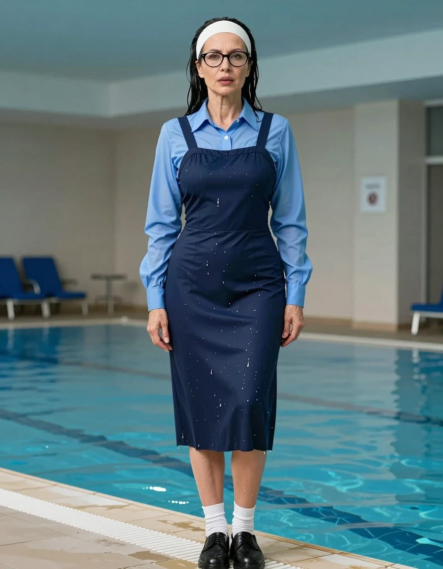 photo of young woman, in soaking wet, drenched clothes,
black shoes, white socks, school uniform with maxi dark blue school tight pinafore and blue shirt with long sleeves, school uniform with maxi dark blue school tight pinafore and blue shirt with long sleeves, after bath, indoor swimming pool, enjoying wet clothes stuck body, enjoying, wet clothes stuck to body, 
enjoying, wet clothes stuck to body,
detailed textures of the wet clothes, wet face, wet plastered hair,
wet, drenched, professional, high-quality details, full body view.
sharp focus, ultra-high pixel detail, realistic, high-quality, full colors, incredibly detailed, 4k, 8k, 16k, hyper-realistic, RAW photo, masterpiece, ultra-detailed, professionally color graded, professional photograph, europen brunette skinny woman 50 years old, long dark black hair, very big and thick lips,  office glasses, white headband, complete body, wet skin, wet clothes, damp fabric, wet skin, wet clothes, damp fabric, wet skin, wet clothes, damp fabric, wet skin, wet clothes, damp fabric, wet skin, wet clothes, damp fabric