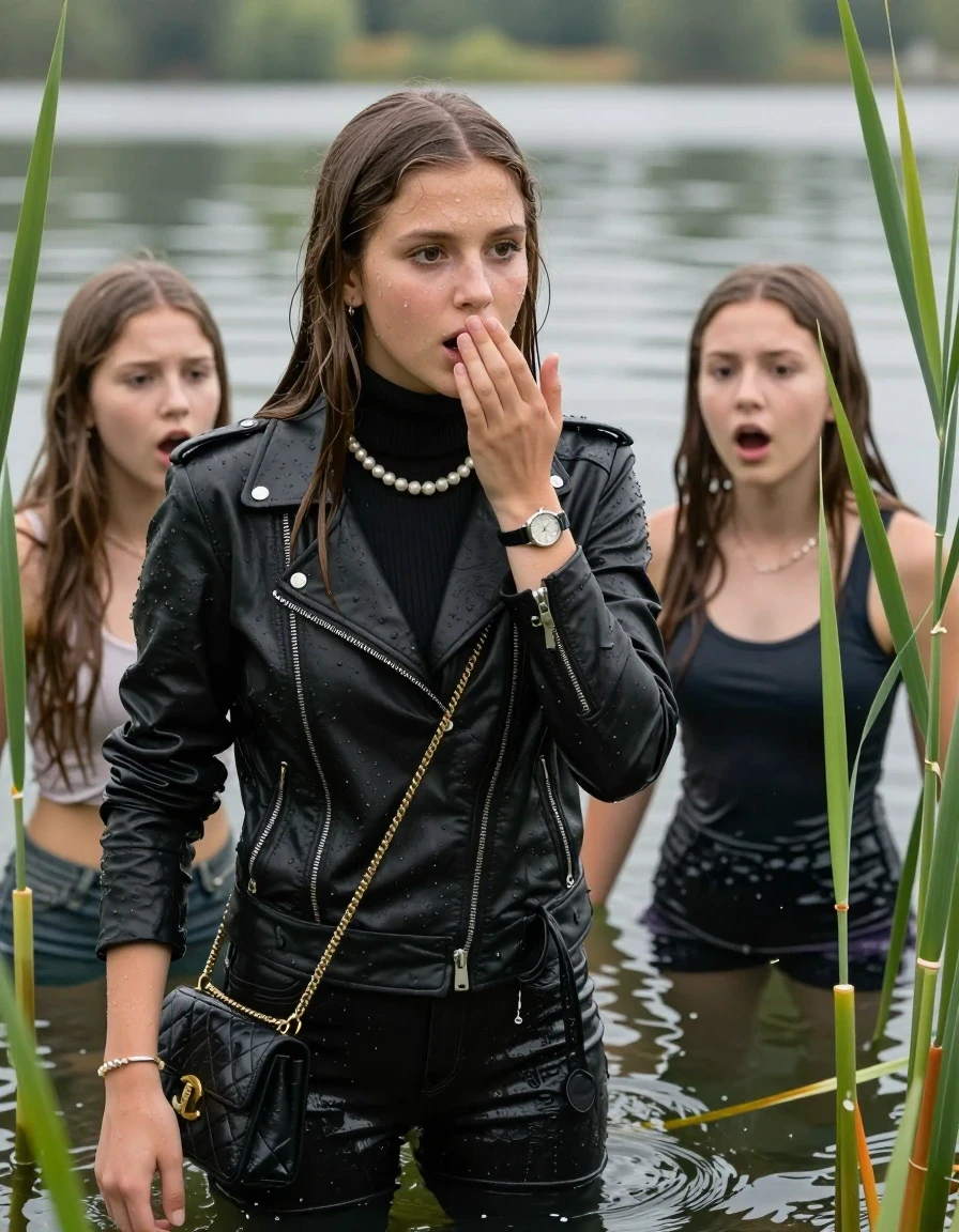 photo of young woman, in soaking wet, drenched clothes,
, , Black biker leatherjacket, tight turtleneck sweater with wide neckline belly free, handbag, pearl necklace, bracelet, wristwatch , Two 15-years-old teenage girls Emerging after diving in a lake with water lilies and reeds, 
enjoying, wet clothes stuck to body,
detailed textures of the wet clothes, wet face, wet plastered hair,
wet, drenched, professional, high-quality details, full body view.
sharp focus, ultra-high pixel detail, realistic, high-quality, full colors, incredibly detailed, 4k, 8k, 16k, hyper-realistic, RAW photo, masterpiece, ultra-detailed, professionally color graded, professional photograph, Sleek long straight hair

15 years old  teenage girl.

Looking slightly away. Hold her hand on her mouth. Open mouth, big eyes.

she is completely underwater up to her neck, afraid and astonished expression. 

The girls wear different clothes.

She hides in the reeds and is surprised by spectators

her submerged clothes are hardly vusible under water, she soaked her handbag into the water

close up view, wet skin, wet clothes, wet hair, damp fabric, water runs down the clothes, wet skin, wet clothes, damp fabric., wet skin, wet clothes, damp fabric, wet skin, wet clothes, damp fabric