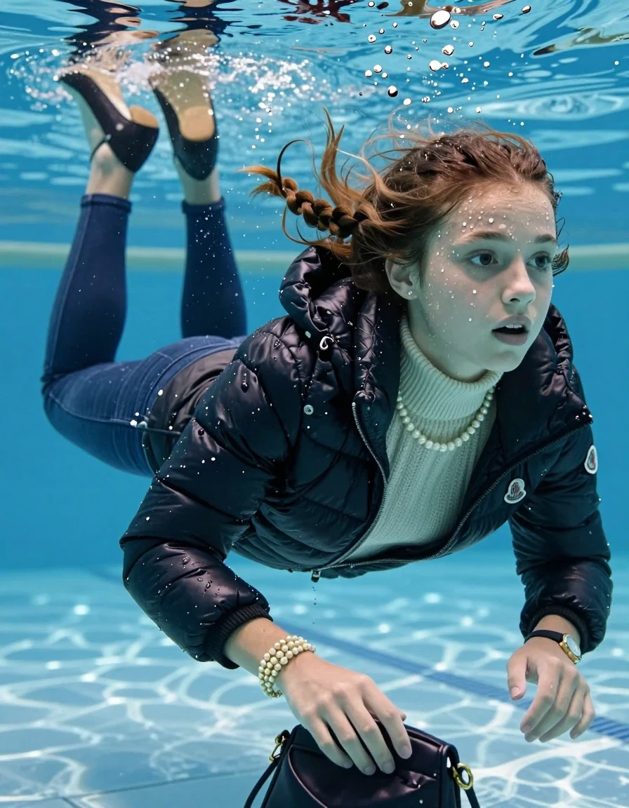 photo of young woman, in soaking wet, drenched clothes,
Heels, Completely soaked tight skinny jeans, Moncler shiny puffer down jacket, tight knit turtleneck sweater, handbag, pearl necklace, bracelet, wristwatch , Swimming underwater in swimming pool , 
enjoying, wet clothes stuck to body,
detailed textures of the wet clothes, wet face, wet plastered hair,
wet, drenched, professional, high-quality details, full body view.
sharp focus, ultra-high pixel detail, realistic, high-quality, full colors, incredibly detailed, 4k, 8k, 16k, hyper-realistic, RAW photo, masterpiece, ultra-detailed, professionally color graded, professional photograph, Two long braids

15 years old  teenage girl

Laying her breast on the surface.  Looking slightly away.

she is completely underwater up to her neck, afraid and astonished expression. 

her submerged clothes are hardly vusible under water, she soaked her handbag into the water

close up view, wet skin, wet clothes, wet hair, damp fabric, water runs down the clothes, wet skin, wet clothes, damp fabric, wet skin, wet clothes, damp fabric, wet skin, wet clothes, damp fabric, wet skin, wet clothes, damp fabric, wet skin, wet clothes, damp fabric, wet skin, wet clothes, damp fabric, wet skin, wet clothes, damp fabric, wet skin, wet clothes, damp fabric, wet skin, wet clothes, damp fabric, wet skin, wet clothes, damp fabric, wet skin, wet clothes, damp fabric, wet skin, wet clothes, damp fabric, wet skin, wet clothes, damp fabric, wet skin, wet clothes, damp fabric, wet skin, wet clothes, damp fabric, wet skin, wet clothes, damp fabric, wet skin, wet clothes, damp fabric, wet skin, wet clothes, damp fabric, wet skin, wet clothes, damp fabric
