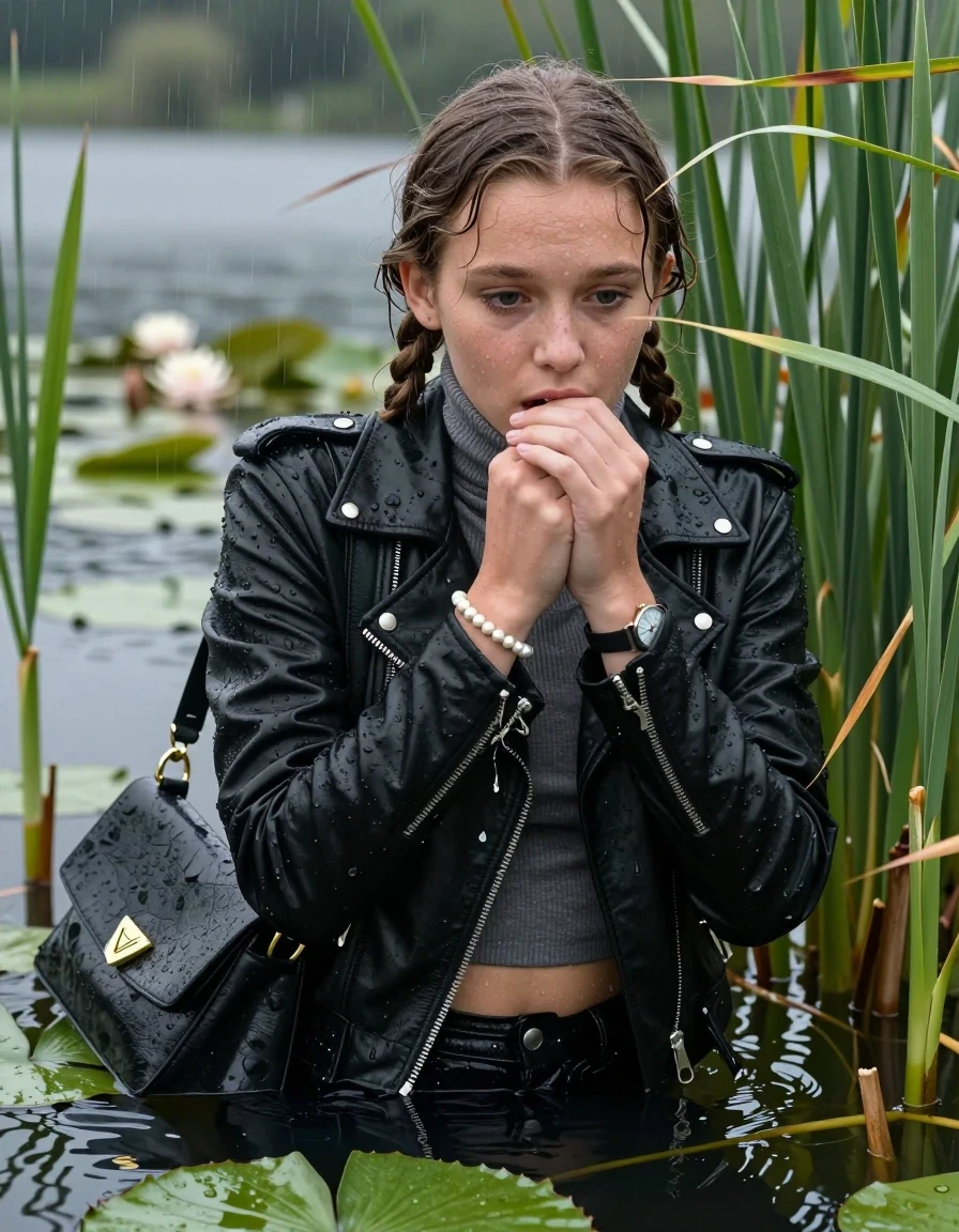 photo of young woman, in soaking wet, drenched clothes,
, , Black biker leatherjacket, tight turtleneck sweater with wide neckline belly free, handbag, pearl necklace, bracelet, wristwatch , Emerging after diving in a lake with water lilies and reeds, rain , 
enjoying, wet clothes stuck to body,
detailed textures of the wet clothes, wet face, wet plastered hair,
wet, drenched, professional, high-quality details, full body view.
sharp focus, ultra-high pixel detail, realistic, high-quality, full colors, incredibly detailed, 4k, 8k, 16k, hyper-realistic, RAW photo, masterpiece, ultra-detailed, professionally color graded, professional photograph, Pigtails

15 years old  teenage girl

Laying her breast on the surface.  Looking slightly away. Hold her hands on her mouth.

she is completely underwater up to her neck, afraid and astonished expression. 

She hides in the reeds and is surprised by spectators

her submerged clothes are hardly vusible under water, she soaked her handbag into the water

close up view, wet skin, wet clothes, wet hair, damp fabric, water runs down the clothes, wet skin, wet clothes, damp fabric., wet skin, wet clothes, damp fabric, wet skin, wet clothes, damp fabric