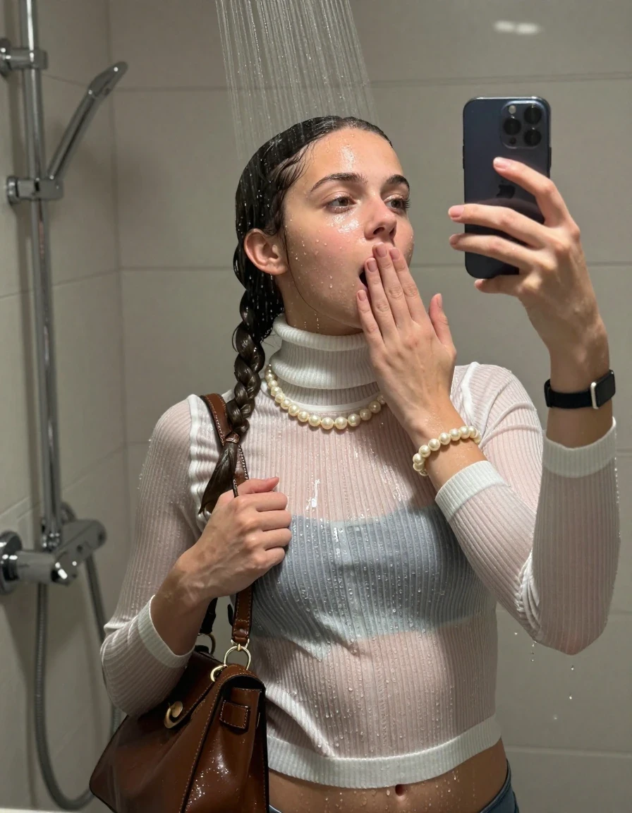 photo of young woman, in soaking wet, drenched clothes,
, ,  tight striped knit turtleneck sweater belly free, handbag, pearl necklace, bracelet, wristwatch, Under the shower, strong jet of water, modern mirrored bathroom, 
enjoying, wet clothes stuck to body,
detailed textures of the wet clothes, wet face, wet plastered hair,
wet, drenched, professional, high-quality details, full body view.
sharp focus, ultra-high pixel detail, realistic, high-quality, full colors, incredibly detailed, 4k, 8k, 16k, hyper-realistic, RAW photo, masterpiece, ultra-detailed, professionally color graded, professional photograph, Two pigtails

15 years old  teenage girl

Only head and shoulders are over the surface visible. Open mouth, half closed eyes. Looking up. Take a Selfie with her smartphone. One Hand over her mouth.

she is completely underwater up to her neck, afraid and astonished expression. 

her submerged clothes are hardly vusible under water, she soaked her handbag into the water

close up view, wet skin, wet clothes, wet hair, damp fabric, water runs down the clothes, wet skin, wet clothes, damp fabric., wet skin, wet clothes, damp fabric, wet skin, wet clothes, damp fabric, wet skin, wet clothes, damp fabric, wet skin, wet clothes, damp fabric