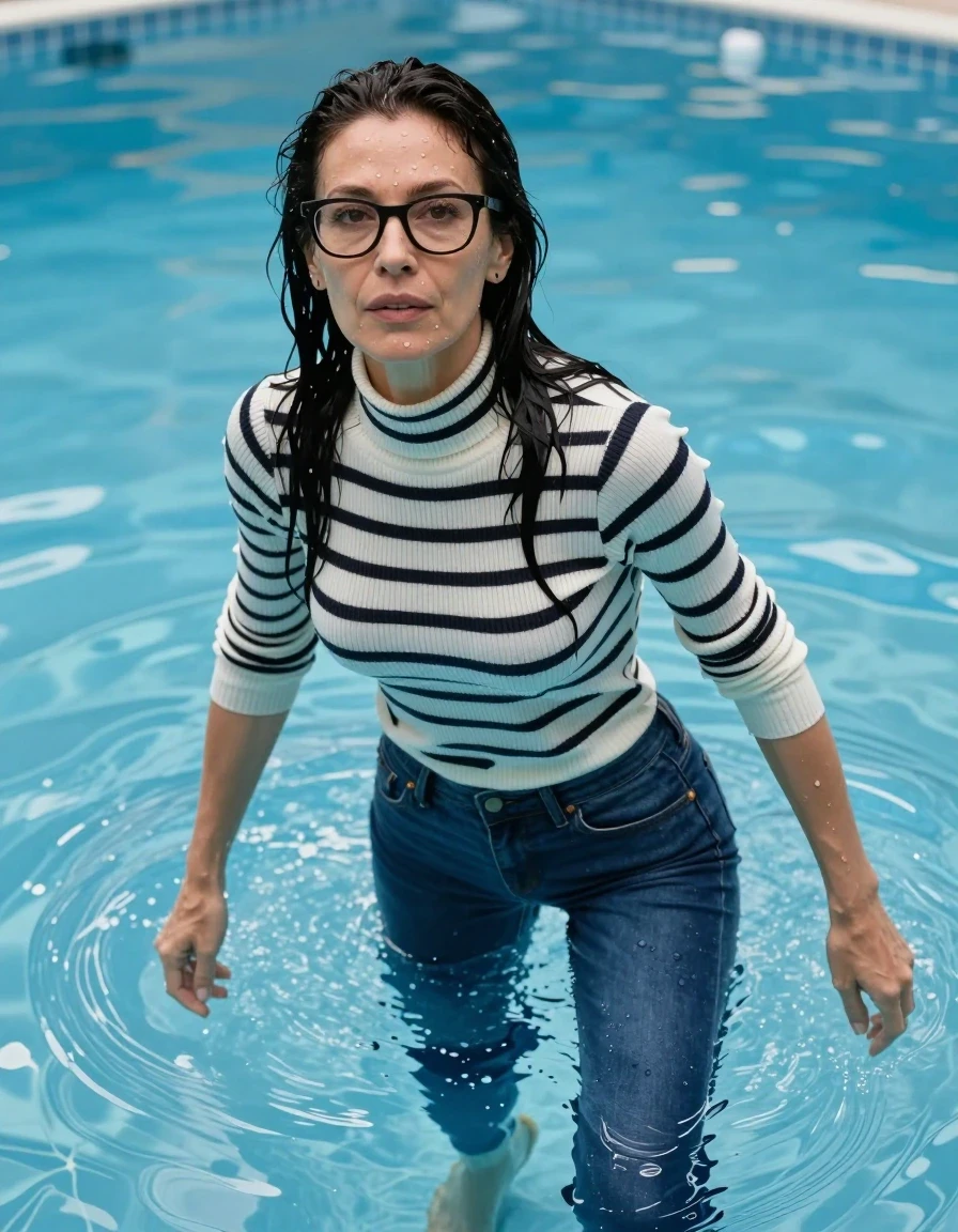 photo of young woman, in soaking wet, drenched clothes,
shoes, long blue jeans, white & black striped high-neck sweater with long sleeves, Swimming half submerged underwater in swimming pool, enjoying wet clothes stuck body, enjoying, wet clothes stuck to body, 
enjoying, wet clothes stuck to body,
detailed textures of the wet clothes, wet face, wet plastered hair,
wet, drenched, professional, high-quality details, full body view.
sharp focus, ultra-high pixel detail, realistic, high-quality, full colors, incredibly detailed, 4k, 8k, 16k, hyper-realistic, RAW photo, masterpiece, ultra-detailed, professionally color graded, professional photograph, europen brunette skinny woman 50 years old, long dark black hair, very big and thick lips,  office glasses, complete body, wet skin, wet clothes, damp fabric, wet skin, wet clothes, damp fabric, wet skin, wet clothes, damp fabric, wet skin, wet clothes, damp fabric, wet skin, wet clothes, damp fabric