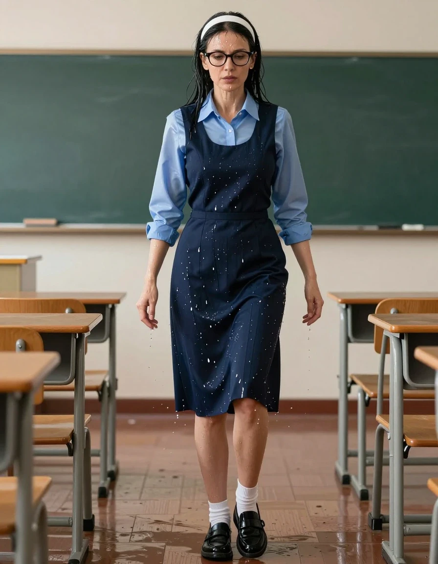 photo of young woman, in soaking wet, drenched clothes,
black shoes, white socks, school uniform with maxi dark blue school tight pinafore and blue shirt with long sleeves, school uniform with maxi dark blue school tight pinafore and blue shirt with long sleeves, in classroom, enjoying wet clothes stuck body, enjoying, wet clothes stuck to body, 
enjoying, wet clothes stuck to body,
detailed textures of the wet clothes, wet face, wet plastered hair,
wet, drenched, professional, high-quality details, full body view.
sharp focus, ultra-high pixel detail, realistic, high-quality, full colors, incredibly detailed, 4k, 8k, 16k, hyper-realistic, RAW photo, masterpiece, ultra-detailed, professionally color graded, professional photograph, europen brunette skinny woman 50 years old, long dark black hair, very big and thick lips,  office glasses, white headband, complete body, wet skin, wet clothes, damp fabric, wet skin, wet clothes, damp fabric, wet skin, wet clothes, damp fabric, wet skin, wet clothes, damp fabric, wet skin, wet clothes, damp fabric