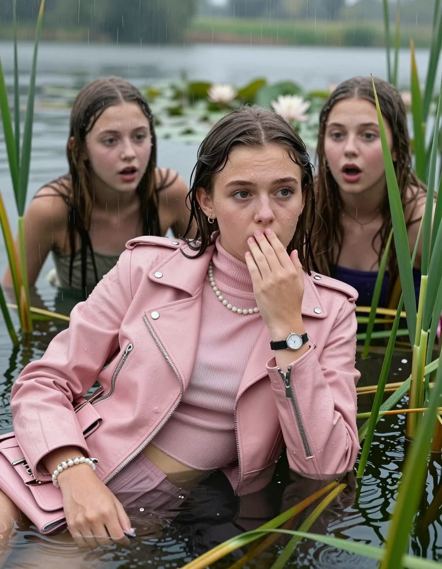 photo of young woman, in soaking wet, drenched clothes,
, , Light pink biker leatherjacket, tight turtleneck sweater with wide neckline belly free, handbag, pearl necklace, bracelet, wristwatch , Two 15-years-old teenage girls Emerging after diving in a lake with water lilies and reeds, rain , 
enjoying, wet clothes stuck to body,
detailed textures of the wet clothes, wet face, wet plastered hair,
wet, drenched, professional, high-quality details, full body view.
sharp focus, ultra-high pixel detail, realistic, high-quality, full colors, incredibly detailed, 4k, 8k, 16k, hyper-realistic, RAW photo, masterpiece, ultra-detailed, professionally color graded, professional photograph, Sleek long straight hair

15 years old  teenage girl

Laying her breast on the surface.  Looking slightly away. Hold her hand on her mouth. Open mouth, big eyes.

she is completely underwater up to her neck, shocked and surprised expression. 

The girls wear different clothes.

She hides in the reeds.

her submerged clothes are hardly vusible under water, she soaked her handbag into the water

close up view, wet skin, wet clothes, wet hair, damp fabric, water runs down the clothes, wet skin, wet clothes, damp fabric., wet skin, wet clothes, damp fabric, wet skin, wet clothes, damp fabric, wet skin, wet clothes, damp fabric