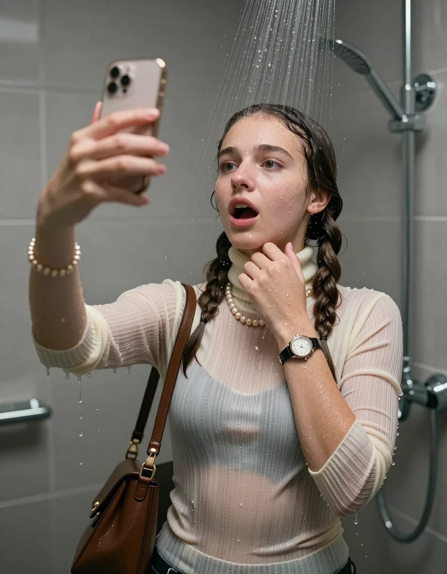photo of young woman, in soaking wet, drenched clothes,
, ,  tight striped knit turtleneck sweater belly free, handbag, pearl necklace, bracelet, wristwatch, Under the shower, strong jet of water, modern mirrored bathroom, 
enjoying, wet clothes stuck to body,
detailed textures of the wet clothes, wet face, wet plastered hair,
wet, drenched, professional, high-quality details, full body view.
sharp focus, ultra-high pixel detail, realistic, high-quality, full colors, incredibly detailed, 4k, 8k, 16k, hyper-realistic, RAW photo, masterpiece, ultra-detailed, professionally color graded, professional photograph, Two pigtails

15 years old  teenage girl

Only head and shoulders are over the surface visible. Open mouth, half closed eyes. Looking up. Take a Selfie with her smartphone. One Hand on her chin.

she is completely underwater up to her neck, afraid and astonished expression. 

her submerged clothes are hardly vusible under water, she soaked her handbag into the water

close up view, wet skin, wet clothes, wet hair, damp fabric, water runs down the clothes, wet skin, wet clothes, damp fabric., wet skin, wet clothes, damp fabric, wet skin, wet clothes, damp fabric, wet skin, wet clothes, damp fabric, wet skin, wet clothes, damp fabric