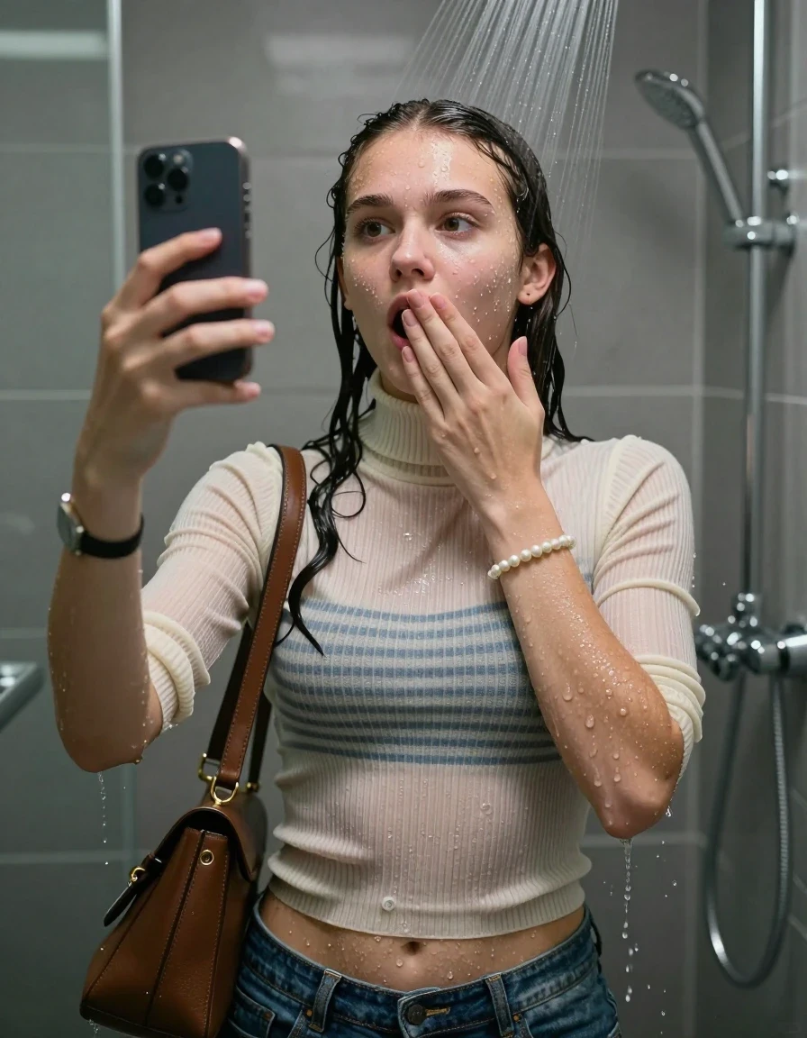 photo of young woman, in soaking wet, drenched clothes,
, ,  tight striped knit turtleneck sweater belly free, handbag, pearl necklace, bracelet, wristwatch, Under the shower, strong jet of water, modern mirrored bathroom, 
enjoying, wet clothes stuck to body,
detailed textures of the wet clothes, wet face, wet plastered hair,
wet, drenched, professional, high-quality details, full body view.
sharp focus, ultra-high pixel detail, realistic, high-quality, full colors, incredibly detailed, 4k, 8k, 16k, hyper-realistic, RAW photo, masterpiece, ultra-detailed, professionally color graded, professional photograph, Two pigtails

15 years old  teenage girl

Only head and shoulders are over the surface visible. Open mouth, half closed eyes. Looking up. Take a Selfie with her smartphone. One Hand over her mouth.

she is completely underwater up to her neck, afraid and astonished expression. 

her submerged clothes are hardly vusible under water, she soaked her handbag into the water

close up view, wet skin, wet clothes, wet hair, damp fabric, water runs down the clothes, wet skin, wet clothes, damp fabric., wet skin, wet clothes, damp fabric, wet skin, wet clothes, damp fabric, wet skin, wet clothes, damp fabric, wet skin, wet clothes, damp fabric