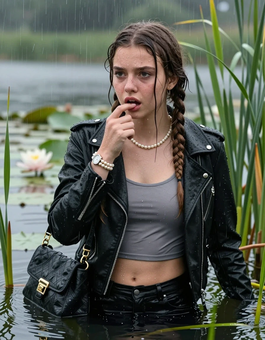 photo of young woman, in soaking wet, drenched clothes,
, , Black biker leatherjacket, tight sexy tshirt with wide neckline belly free, handbag, pearl necklace, bracelet, wristwatch , Submerging under water in a lake with water lilies and reeds, rain , 
enjoying, wet clothes stuck to body,
detailed textures of the wet clothes, wet face, wet plastered hair,
wet, drenched, professional, high-quality details, full body view.
sharp focus, ultra-high pixel detail, realistic, high-quality, full colors, incredibly detailed, 4k, 8k, 16k, hyper-realistic, RAW photo, masterpiece, ultra-detailed, professionally color graded, professional photograph, Two long braids

15 years old  teenage girl

Only head and shoulders are over the surface visible. Looking slightly away. Puts a finger in the mouth.

she is completely underwater up to her neck, afraid and astonished expression. 

She hides in the reeds and is surprised by spectators

her submerged clothes are hardly vusible under water, she soaked her handbag into the water

close up view, wet skin, wet clothes, wet hair, damp fabric, water runs down the clothes, wet skin, wet clothes, damp fabric., wet skin, wet clothes, damp fabric