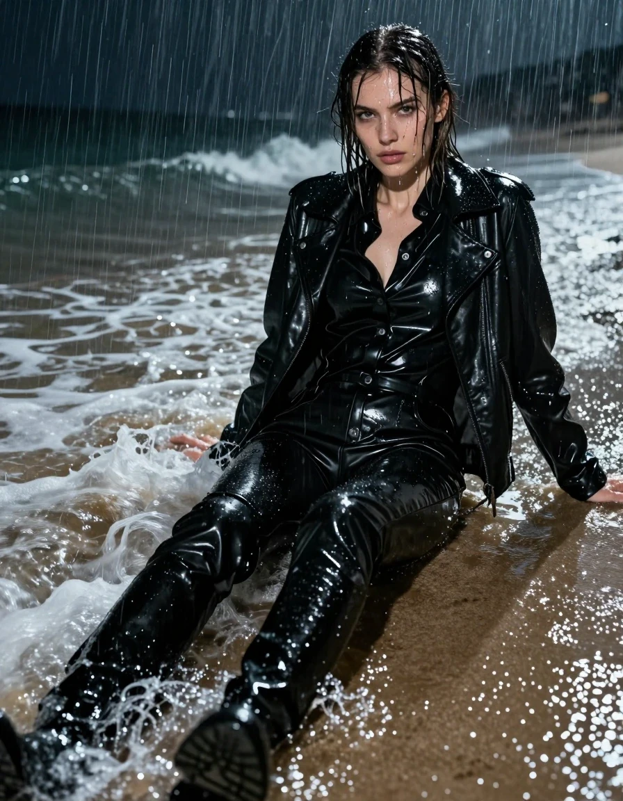 A photorealistic, high-detail full-body shot of a young European woman lying amidst the surf on a sandy beach during a torrential night rainstorm. She has wet, rain-slicked hair clinging to her face and skin, with water droplets streaming down her features. She is wearing an oversized black vinyl button-down shirt that is heavily drenched, clinging to her body with high-gloss reflections and deep, liquid-like sheen. Over this, she wears a black leather jacket, saturated and glistening under the rain, with heavy water accumulation in the folds. Her legs are clad in long black leather pants, appearing heavy, dark, and slick with water, showing realistic creases and wet texture. She wears knee-length black leather boots that are partially submerged in the churning, foamy ocean waves. The scene is captured with sharp focus, highlighting the wet, reflective surfaces of the clothing and skin against the dark, high-contrast beach environment. The lighting is cinematic, reflecting the ambient glow of a distant storm, emphasizing the drenched texture of the fabric and the intensity of the rain. The image is strictly non-sexual, professional-grade photography, avoiding any cartoonish, illustrative, or blurry effects, maintaining a clean, realistic aesthetic throughout.
