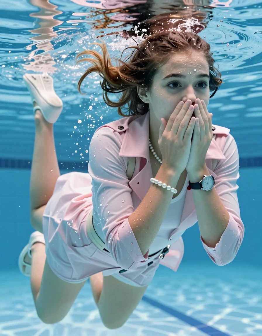 photo of young woman, in soaking wet, drenched clothes,
Heels, White mini , Pink trenchcoat, tight sexy tshirt with wide neckline belly free, shoulderbag, pearl necklace, bracelet, wristwatch , Swimming underwater in swimming pool, only head is visible over surface, 
enjoying, wet clothes stuck to body,
detailed textures of the wet clothes, wet face, wet plastered hair,
wet, drenched, professional, high-quality details, full body view.
sharp focus, ultra-high pixel detail, realistic, high-quality, full colors, incredibly detailed, 4k, 8k, 16k, hyper-realistic, RAW photo, masterpiece, ultra-detailed, professionally color graded, professional photograph, Two sleek long braids

15 years old  teenage girl

Covers her nose with her hands. Looking slightly away. Open mouth, big eyes.

she is completely underwater up to her neck, afraid and astonished expression. 

Swimming movements with Arms and legs. Breast swimming.

her submerged clothes are hardly vusible under water, she soaked her handbag into the water

close up view, wet skin, wet clothes, wet hair, damp fabric, water runs down the clothes, wet skin, wet clothes, damp fabric, wet skin, wet clothes, damp fabric, wet skin, wet clothes, damp fabric, wet skin, wet clothes, damp fabric, wet skin, wet clothes, damp fabric, wet skin, wet clothes, damp fabric, wet skin, wet clothes, damp fabric, wet skin, wet clothes, damp fabric, wet skin, wet clothes, damp fabric, wet skin, wet clothes, damp fabric, wet skin, wet clothes, damp fabric, wet skin, wet clothes, damp fabric, wet skin, wet clothes, damp fabric, wet skin, wet clothes, damp fabric, wet skin, wet clothes, damp fabric, wet skin, wet clothes, damp fabric, wet skin, wet clothes, damp fabric, wet skin, wet clothes, damp fabric, wet skin, wet clothes, damp fabric, wet skin, wet clothes, damp fabric, wet skin, wet clothes, damp fabric, wet skin, wet clothes, damp fabric, wet skin, wet clothes, damp fabric, wet skin, wet clothes, damp fabric