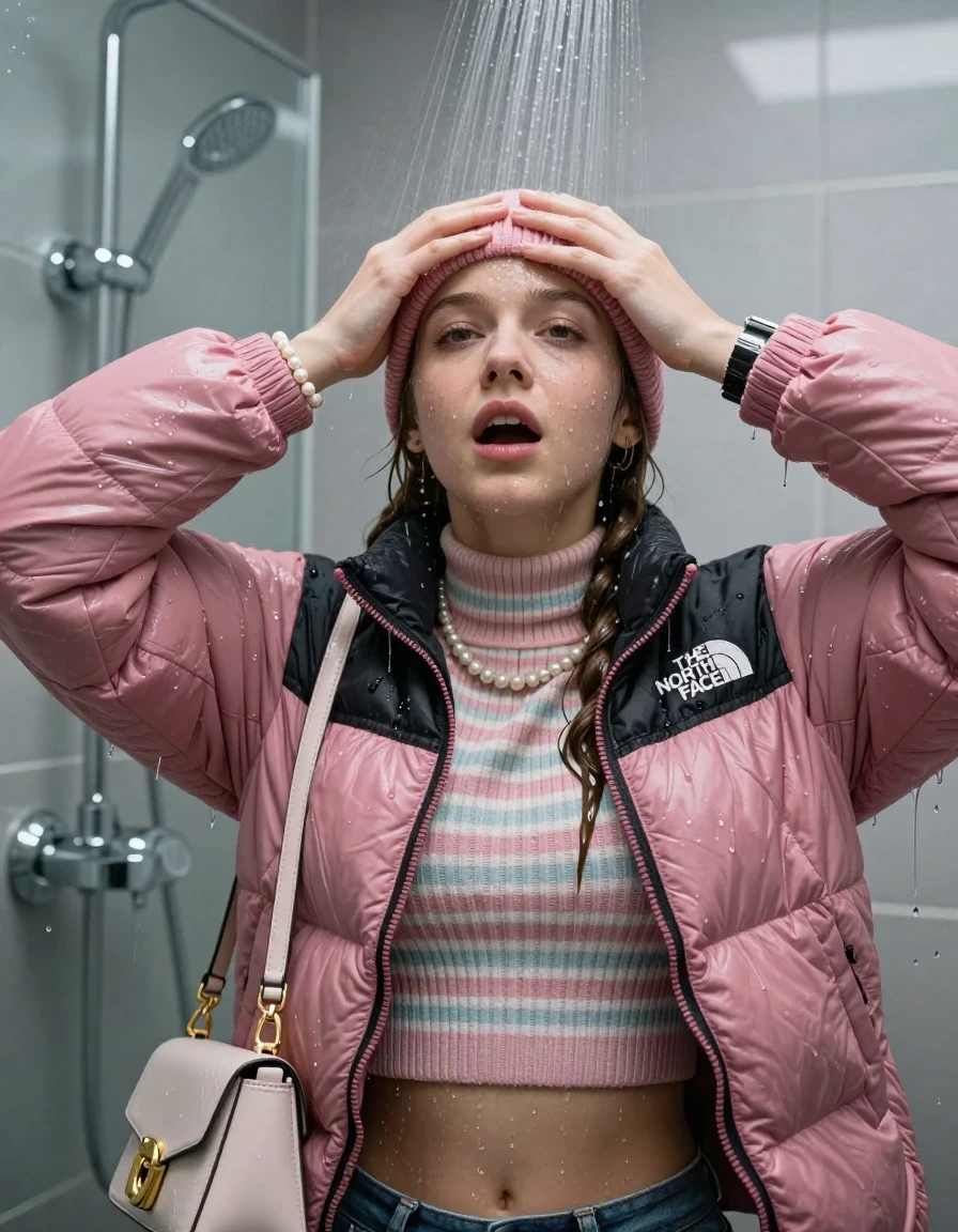 photo of young woman, in soaking wet, drenched clothes,
, , Pink North face puffer down jacket, tight striped knit turtleneck sweater belly free, handbag, pearl necklace, bracelet, wristwatch, pink knitted north face hat, Under the shower, strong jet of water, modern mirrored bathroom, 
enjoying, wet clothes stuck to body,
detailed textures of the wet clothes, wet face, wet plastered hair,
wet, drenched, professional, high-quality details, full body view.
sharp focus, ultra-high pixel detail, realistic, high-quality, full colors, incredibly detailed, 4k, 8k, 16k, hyper-realistic, RAW photo, masterpiece, ultra-detailed, professionally color graded, professional photograph, Two pigtails

15 years old  teenage girl

Only head and shoulders are over the surface visible. Open mouth, half closed eyes. Looking up. Hold her hands over her forehead.

she is completely underwater up to her neck, afraid and astonished expression. 

her submerged clothes are hardly vusible under water, she soaked her handbag into the water

close up view, wet skin, wet clothes, wet hair, damp fabric, water runs down the clothes, wet skin, wet clothes, damp fabric., wet skin, wet clothes, damp fabric, wet skin, wet clothes, damp fabric, wet skin, wet clothes, damp fabric