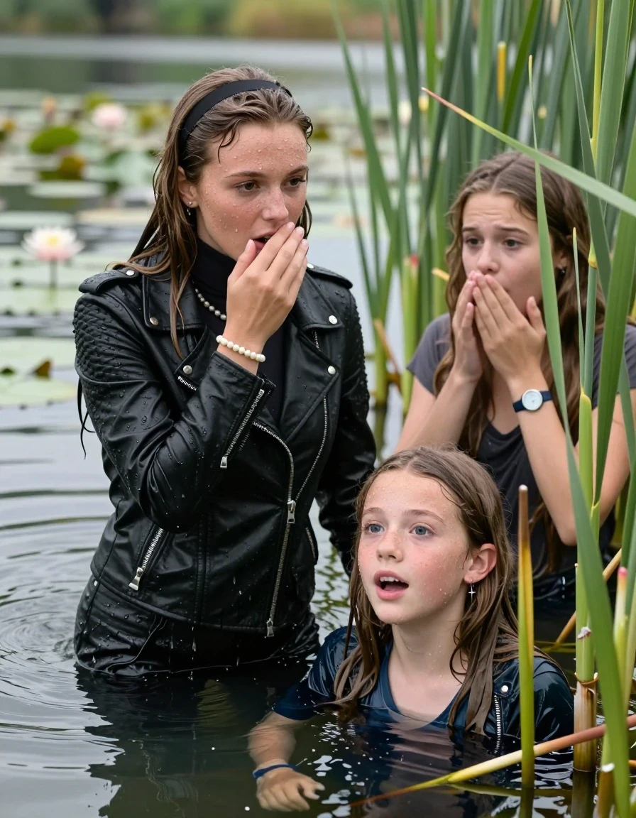 photo of young woman, in soaking wet, drenched clothes,
, , Black biker leatherjacket, tight turtleneck sweater with wide neckline belly free, handbag, pearl necklace, bracelet, wristwatch , Two 15-years-old teenage girls Emerging after diving in a lake with water lilies and reeds, 
enjoying, wet clothes stuck to body,
detailed textures of the wet clothes, wet face, wet plastered hair,
wet, drenched, professional, high-quality details, full body view.
sharp focus, ultra-high pixel detail, realistic, high-quality, full colors, incredibly detailed, 4k, 8k, 16k, hyper-realistic, RAW photo, masterpiece, ultra-detailed, professionally color graded, professional photograph, Sleek long straight hair with hairband

15 years old  teenage girl

Leaning her  breast on the surface.  Looking slightly away. Hold her hand on her mouth. Open mouth, big eyes.

she is completely underwater up to her neck, afraid and astonished expression but she giggles. 

The girls wear different clothes.

She hides in the reeds and is surprised by spectators

her submerged clothes are hardly vusible under water, she soaked her handbag into the water

close up view, wet skin, wet clothes, wet hair, damp fabric, water runs down the clothes, wet skin, wet clothes, damp fabric., wet skin, wet clothes, damp fabric, wet skin, wet clothes, damp fabric, wet skin, wet clothes, damp fabric