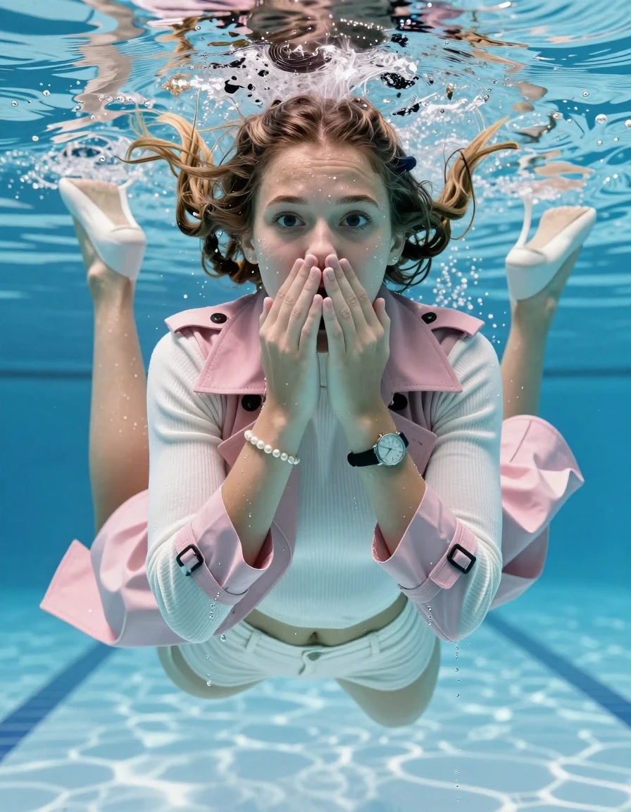 photo of young woman, in soaking wet, drenched clothes,
Heels, White mini , Pink trenchcoat, tight knit turtleneck sweater belly free, shoulderbag, pearl necklace, bracelet, wristwatch , Swimming half  undersurface in swimming pool , 
enjoying, wet clothes stuck to body,
detailed textures of the wet clothes, wet face, wet plastered hair,
wet, drenched, professional, high-quality details, full body view.
sharp focus, ultra-high pixel detail, realistic, high-quality, full colors, incredibly detailed, 4k, 8k, 16k, hyper-realistic, RAW photo, masterpiece, ultra-detailed, professionally color graded, professional photograph, Two sleek long braids

15 years old  teenage girl

Covers her nose with her hands. Looking slightly away. Open mouth, big eyes.

she is completely underwater up to her neck, afraid and astonished expression. 

Swimming movements with Arms and legs. Breast swimming.

her submerged clothes are hardly vusible under water, she soaked her handbag into the water

close up view, wet skin, wet clothes, wet hair, damp fabric, water runs down the clothes, wet skin, wet clothes, damp fabric, wet skin, wet clothes, damp fabric, wet skin, wet clothes, damp fabric, wet skin, wet clothes, damp fabric, wet skin, wet clothes, damp fabric, wet skin, wet clothes, damp fabric, wet skin, wet clothes, damp fabric, wet skin, wet clothes, damp fabric, wet skin, wet clothes, damp fabric, wet skin, wet clothes, damp fabric, wet skin, wet clothes, damp fabric, wet skin, wet clothes, damp fabric, wet skin, wet clothes, damp fabric, wet skin, wet clothes, damp fabric, wet skin, wet clothes, damp fabric, wet skin, wet clothes, damp fabric, wet skin, wet clothes, damp fabric, wet skin, wet clothes, damp fabric, wet skin, wet clothes, damp fabric, wet skin, wet clothes, damp fabric, wet skin, wet clothes, damp fabric, wet skin, wet clothes, damp fabric, wet skin, wet clothes, damp fabric