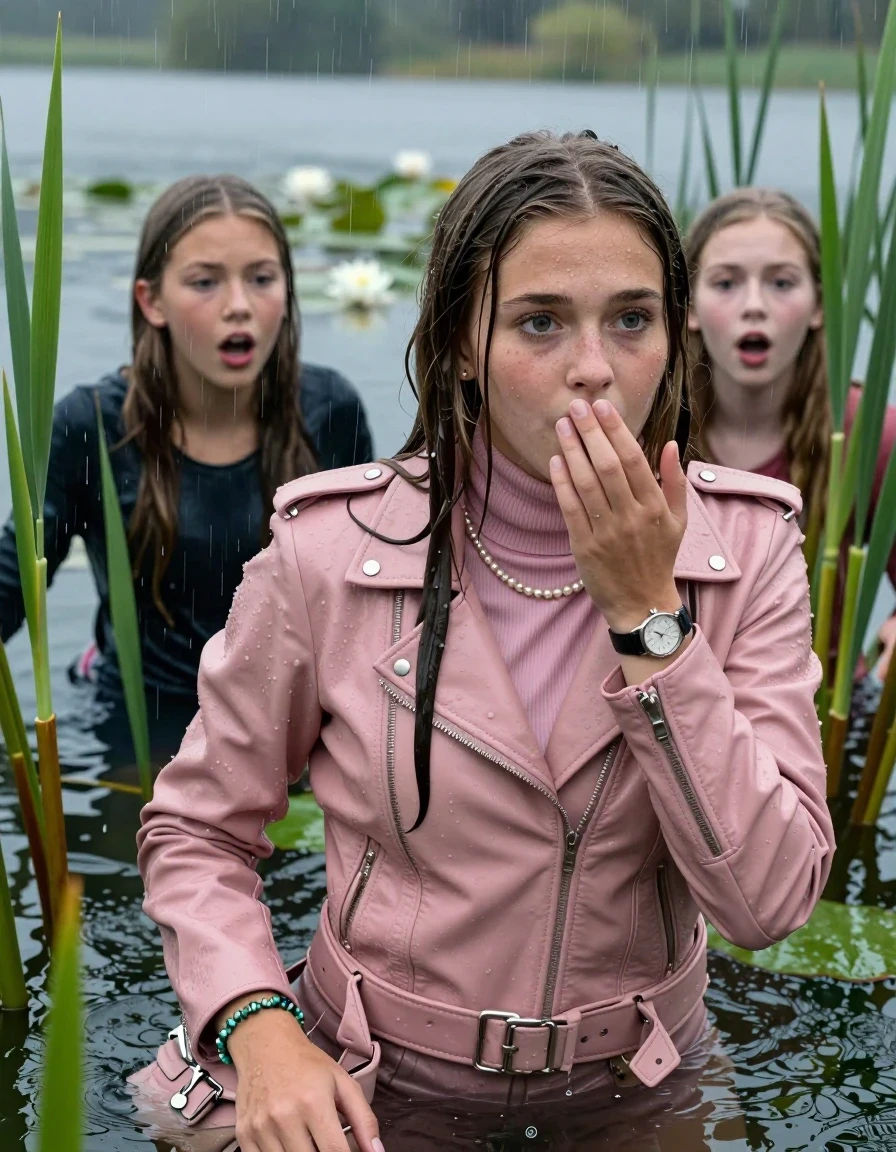 photo of young woman, in soaking wet, drenched clothes,
, , Light pink biker leatherjacket, tight turtleneck sweater with wide neckline belly free, handbag, pearl necklace, bracelet, wristwatch , Two 15-years-old teenage girls Emerging after diving in a lake with water lilies and reeds, rain , 
enjoying, wet clothes stuck to body,
detailed textures of the wet clothes, wet face, wet plastered hair,
wet, drenched, professional, high-quality details, full body view.
sharp focus, ultra-high pixel detail, realistic, high-quality, full colors, incredibly detailed, 4k, 8k, 16k, hyper-realistic, RAW photo, masterpiece, ultra-detailed, professionally color graded, professional photograph, Sleek long straight hair

15 years old  teenage girl

Laying her breast on the surface.  Looking slightly away. Hold her hand on her mouth. Open mouth, big eyes.

she is completely underwater up to her neck, afraid and astonished expression. 

The girls wear different clothes.

She hides in the reeds and is surprised by spectators

her submerged clothes are hardly vusible under water, she soaked her handbag into the water

close up view, wet skin, wet clothes, wet hair, damp fabric, water runs down the clothes, wet skin, wet clothes, damp fabric., wet skin, wet clothes, damp fabric, wet skin, wet clothes, damp fabric