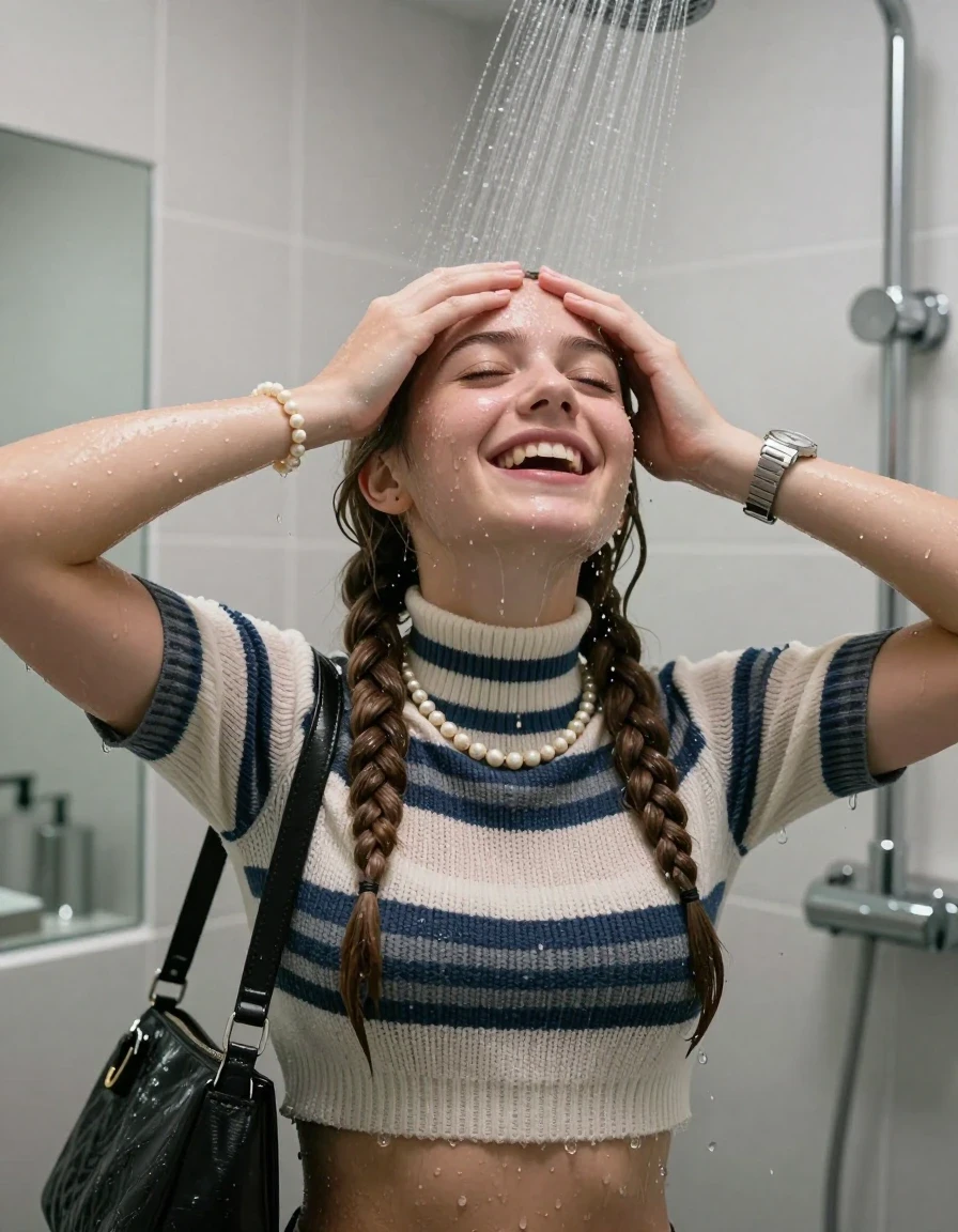 photo of young woman, in soaking wet, drenched clothes,
, , Striped knit turtleneck sweater belly free, handbag, pearl necklace, bracelet, wristwatch, Under the shower, strong jet of water, modern mirrored bathroom, 
enjoying, wet clothes stuck to body,
detailed textures of the wet clothes, wet face, wet plastered hair,
wet, drenched, professional, high-quality details, full body view.
sharp focus, ultra-high pixel detail, realistic, high-quality, full colors, incredibly detailed, 4k, 8k, 16k, hyper-realistic, RAW photo, masterpiece, ultra-detailed, professionally color graded, professional photograph, Sleek Boxer braids 

15 years old  teenage girl

Only head and shoulders are over the surface visible. Open mouth, closed eyes. Looking up. Hold her hands over her forehead.

she is completely underwater up to her neck, shy and awkward but she giggles anyways. 

her submerged clothes are hardly vusible under water, she soaked her handbag into the water

close up view, wet skin, wet clothes, wet hair, damp fabric, water runs down the clothes, wet skin, wet clothes., wet skin, wet clothes, damp fabric