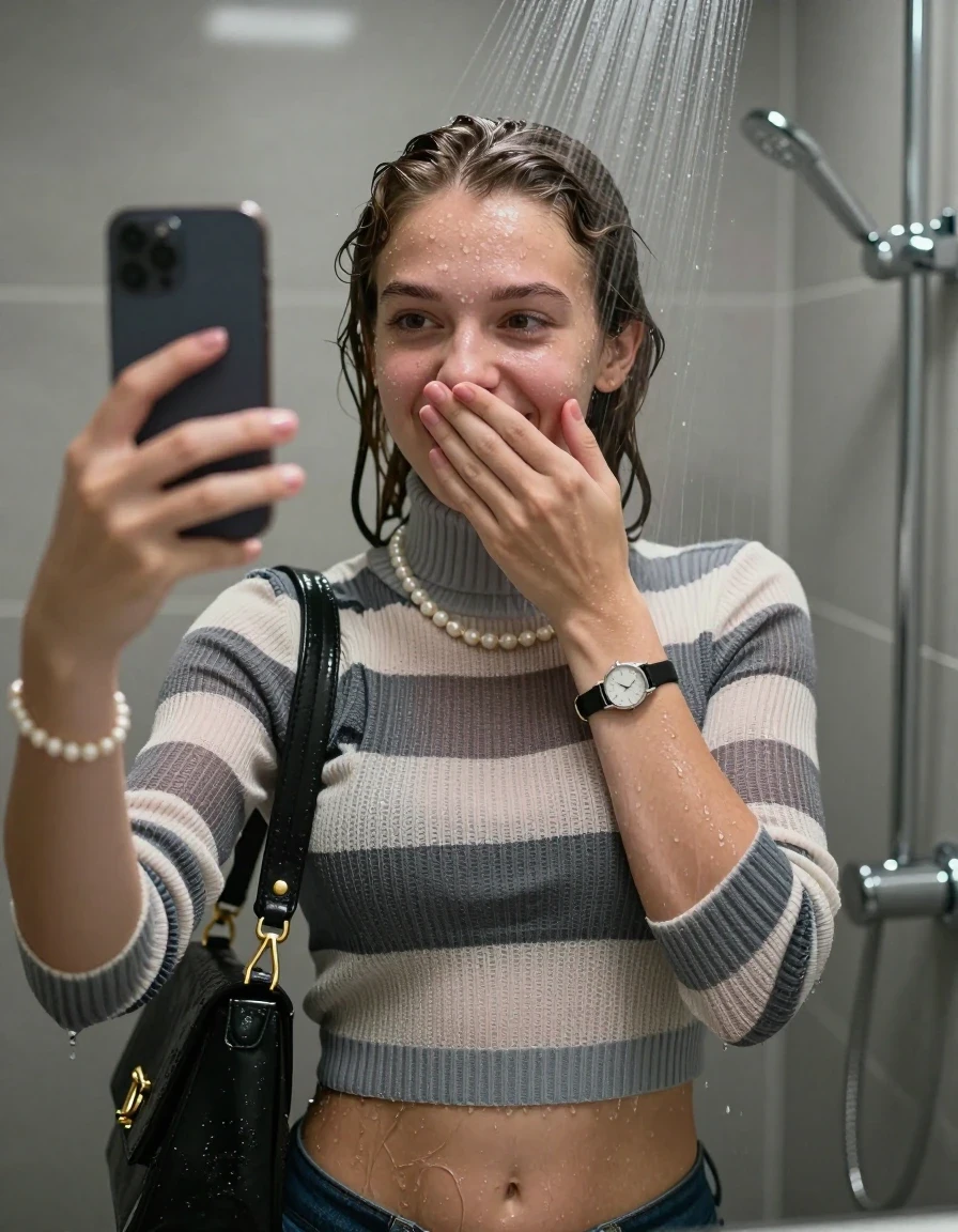 photo of young woman, in soaking wet, drenched clothes,
, ,  tight striped knit turtleneck sweater belly free, handbag, pearl necklace, bracelet, wristwatch, Under the shower, strong jet of water, modern mirrored bathroom, 
enjoying, wet clothes stuck to body,
detailed textures of the wet clothes, wet face, wet plastered hair,
wet, drenched, professional, high-quality details, full body view.
sharp focus, ultra-high pixel detail, realistic, high-quality, full colors, incredibly detailed, 4k, 8k, 16k, hyper-realistic, RAW photo, masterpiece, ultra-detailed, professionally color graded, professional photograph, Barock bob

15 years old  teenage girl

Only head and shoulders are over the surface visible. Open mouth. Looking slightly at camera. Cover her mouth and nose with a hand. Take a Selfie with her Smartphone.

she is completely underwater up to her neck, shy and awkward but she giggles anyways.

her submerged clothes are hardly vusible under water, she soaked her handbag into the water

close up view, wet skin, wet clothes, wet hair, damp fabric, water runs down the clothes, wet skin, wet clothes, damp fabric., wet skin, wet clothes, damp fabric, wet skin, wet clothes, damp fabric, wet skin, wet clothes, damp fabric, wet skin, wet clothes, damp fabric, wet skin, wet clothes, damp fabric