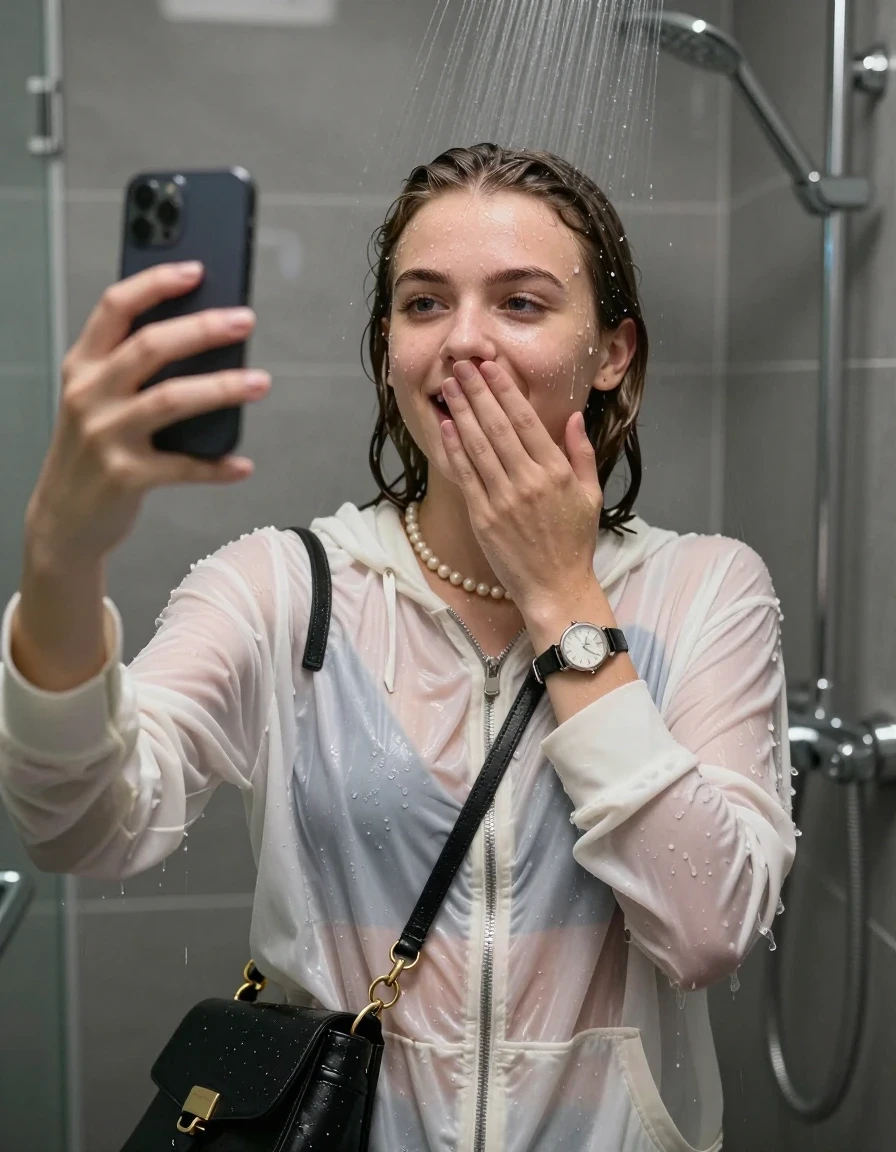 photo of young woman, in soaking wet, drenched clothes,
, ,  Hoodie belly free, handbag, pearl necklace, bracelet, wristwatch, Under the shower, strong jet of water, modern mirrored bathroom, 
enjoying, wet clothes stuck to body,
detailed textures of the wet clothes, wet face, wet plastered hair,
wet, drenched, professional, high-quality details, full body view.
sharp focus, ultra-high pixel detail, realistic, high-quality, full colors, incredibly detailed, 4k, 8k, 16k, hyper-realistic, RAW photo, masterpiece, ultra-detailed, professionally color graded, professional photograph, Blunt bob with bangs

15 years old  teenage girl

Only head and shoulders are over the surface visible. Open mouth. Looking slightly at camera. Cover her mouth and nose with a hand. Take a Selfie with her Smartphone.

she is completely underwater up to her neck, shy and awkward but she giggles anyways.

her submerged clothes are hardly vusible under water, she soaked her handbag into the water

close up view, wet skin, wet clothes, wet hair, damp fabric, water runs down the clothes, wet skin, wet clothes, damp fabric., wet skin, wet clothes, damp fabric, wet skin, wet clothes, damp fabric, wet skin, wet clothes, damp fabric, wet skin, wet clothes, damp fabric, wet skin, wet clothes, damp fabric