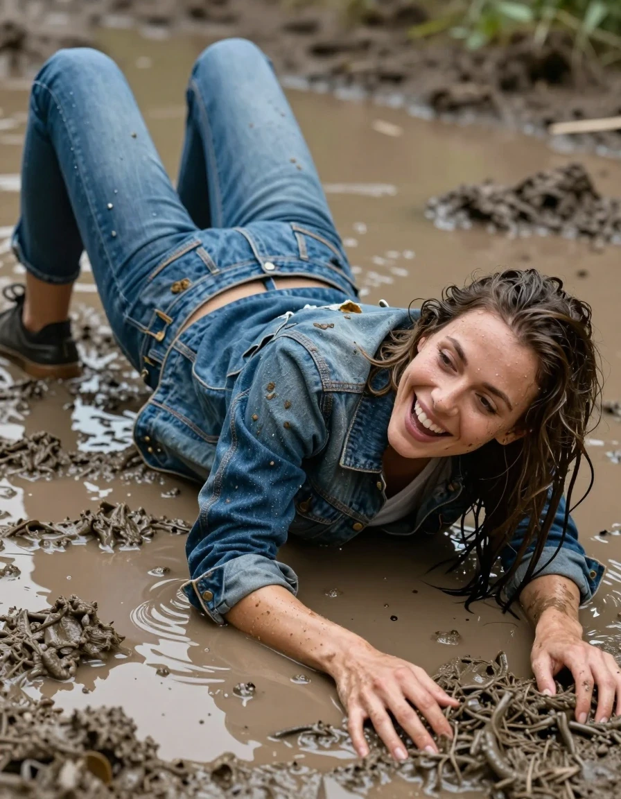 photo of young woman, in soaking wet, drenched clothes,
, jeans, Denim jacket, Muddy pool lying dive side, 
enjoying, wet clothes stuck to body,
detailed textures of the wet clothes, wet face, wet plastered hair,
wet, drenched, professional, high-quality details, full body view.
sharp focus, ultra-high pixel detail, realistic, high-quality, full colors, incredibly detailed, 4k, 8k, 16k, hyper-realistic, RAW photo, masterpiece, ultra-detailed, professionally color graded, professional photograph, Lauthing muddy clothes, wet skin, wet clothes, damp fabric