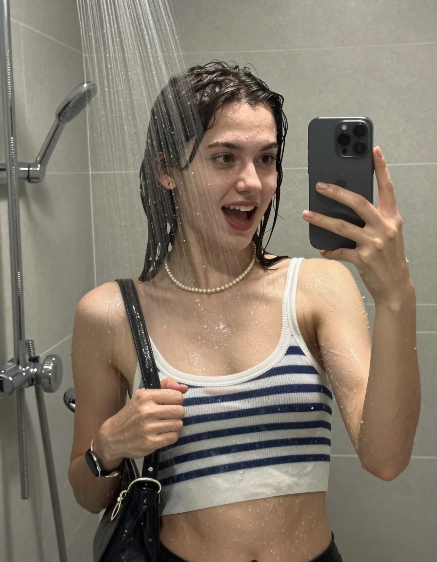 photo of young woman, in soaking wet, drenched clothes,
, ,  striped sweater belly free, handbag, pearl necklace, bracelet, wristwatch, Under the shower, strong jet of water, modern mirrored bathroom, 
enjoying, wet clothes stuck to body,
detailed textures of the wet clothes, wet face, wet plastered hair,
wet, drenched, professional, high-quality details, full body view.
sharp focus, ultra-high pixel detail, realistic, high-quality, full colors, incredibly detailed, 4k, 8k, 16k, hyper-realistic, RAW photo, masterpiece, ultra-detailed, professionally color graded, professional photograph, Blunt bob with bangs

15 years old  teenage girl

Only head and shoulders are over the surface visible. Open mouth. Looking slightly at camera. Cover her mouth and nose with a hand. Take a Selfie with her Smartphone.

she is completely underwater up to her neck, shy and awkward but she giggles anyways.

her submerged clothes are hardly vusible under water, she soaked her handbag into the water

close up view, wet skin, wet clothes, wet hair, damp fabric, water runs down the clothes, wet skin, wet clothes, damp fabric., wet skin, wet clothes, damp fabric, wet skin, wet clothes, damp fabric, wet skin, wet clothes, damp fabric, wet skin, wet clothes, damp fabric, wet skin, wet clothes, damp fabric