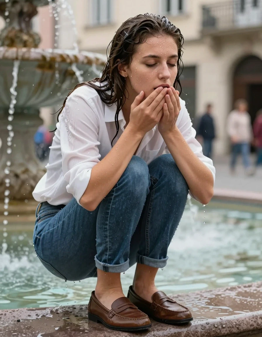 photo of young woman, in soaking wet, drenched clothes,
loafers, jeans, white blouse, fountain in a city, 
enjoying, wet clothes stuck to body,
detailed textures of the wet clothes, wet face, wet plastered hair,
wet, drenched, professional, high-quality details, full body view.
sharp focus, ultra-high pixel detail, realistic, high-quality, full colors, incredibly detailed, 4k, 8k, 16k, hyper-realistic, RAW photo, masterpiece, ultra-detailed, professionally color graded, professional photograph, wet skin, wet clothes, damp fabric