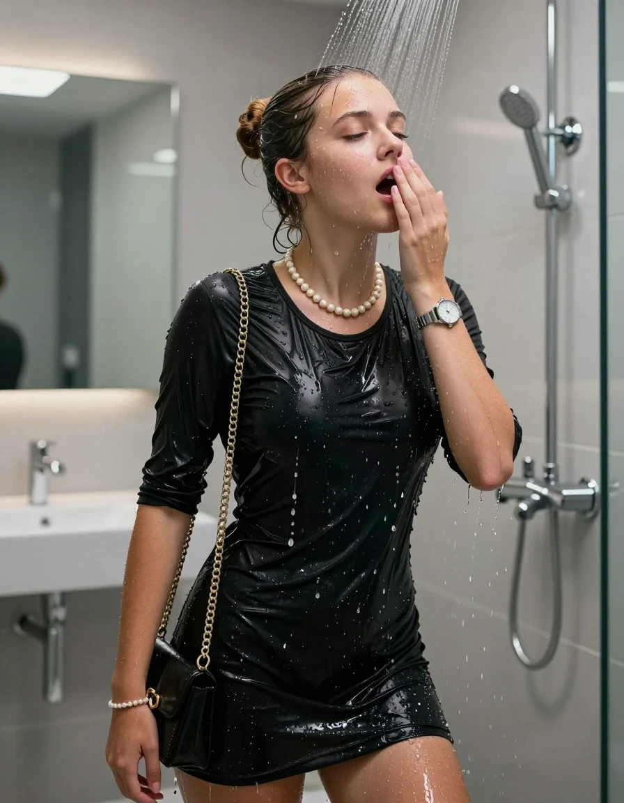 photo of young woman, in soaking wet, drenched clothes,
, , black mini dress, handbag, pearl necklace, bracelet, wristwatch, Under the shower, strong jet of water, modern mirrored bathroom, 
enjoying, wet clothes stuck to body,
detailed textures of the wet clothes, wet face, wet plastered hair,
wet, drenched, professional, high-quality details, full body view.
sharp focus, ultra-high pixel detail, realistic, high-quality, full colors, incredibly detailed, 4k, 8k, 16k, hyper-realistic, RAW photo, masterpiece, ultra-detailed, professionally color graded, professional photograph, Topknot

15 years old  teenage girl

Only head and shoulders are over the surface visible. Open mouth, closed eyes. Looking up. Hold her hand on her mouth.

she is completely underwater up to her neck, afraid and astonished expression. 

her submerged clothes are hardly vusible under water, she soaked her handbag into the water

close up view, wet skin, wet clothes, wet hair, damp fabric, water runs down the clothes, wet skin, wet clothes, damp fabric., wet skin, wet clothes, damp fabric, wet skin, wet clothes, damp fabric, wet skin, wet clothes, damp fabric, wet skin, wet clothes, damp fabric, wet skin, wet clothes, damp fabric, wet skin, wet clothes, damp fabric, wet skin, wet clothes, damp fabric, wet skin, wet clothes, damp fabric