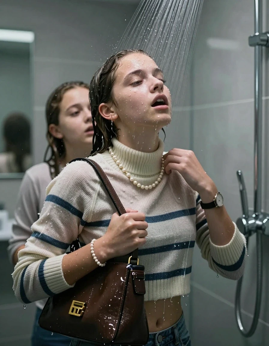 photo of young woman, in soaking wet, drenched clothes,
, , Striped knit turtleneck sweater belly free, handbag, pearl necklace, bracelet, wristwatch, Under the shower, strong jet of water, modern mirrored bathroom, 
enjoying, wet clothes stuck to body,
detailed textures of the wet clothes, wet face, wet plastered hair,
wet, drenched, professional, high-quality details, full body view.
sharp focus, ultra-high pixel detail, realistic, high-quality, full colors, incredibly detailed, 4k, 8k, 16k, hyper-realistic, RAW photo, masterpiece, ultra-detailed, professionally color graded, professional photograph, Topknot

Two 15 years old  teenage girl

Only head and shoulders are over the surface visible. Open mouth, closed eyes. Looking up. 

she is completely underwater up to her neck, afraid and astonished expression. 

her submerged clothes are hardly vusible under water, she soaked her handbag into the water

close up view, wet skin, wet clothes, wet hair, damp fabric, water runs down the clothes, wet skin, wet clothes, damp fabric., wet skin, wet clothes, damp fabric, wet skin, wet clothes, damp fabric, wet skin, wet clothes, damp fabric, wet skin, wet clothes, damp fabric, wet skin, wet clothes, damp fabric, wet skin, wet clothes, damp fabric, wet skin, wet clothes, damp fabric