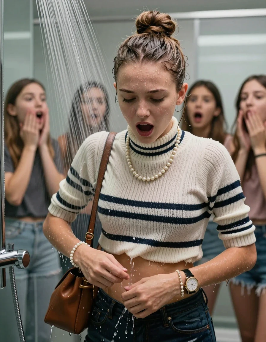photo of young woman, in soaking wet, drenched clothes,
, , Striped knit turtleneck sweater belly free, handbag, pearl necklace, bracelet, wristwatch, Under the shower, strong jet of water, modern mirrored bathroom, her friends watching her shocked, 
enjoying, wet clothes stuck to body,
detailed textures of the wet clothes, wet face, wet plastered hair,
wet, drenched, professional, high-quality details, full body view.
sharp focus, ultra-high pixel detail, realistic, high-quality, full colors, incredibly detailed, 4k, 8k, 16k, hyper-realistic, RAW photo, masterpiece, ultra-detailed, professionally color graded, professional photograph, Topknot

15 years old  teenage girl

Only head and shoulders are over the surface visible. Open mouth, closed eyes. Looking down.

she is completely underwater up to her neck, afraid and astonished expression. 

her submerged clothes are hardly vusible under water, she soaked her handbag into the water

close up view, wet skin, wet clothes, wet hair, damp fabric, water runs down the clothes, wet skin, wet clothes, damp fabric., wet skin, wet clothes, damp fabric, wet skin, wet clothes, damp fabric, wet skin, wet clothes, damp fabric, wet skin, wet clothes, damp fabric, wet skin, wet clothes, damp fabric, wet skin, wet clothes, damp fabric