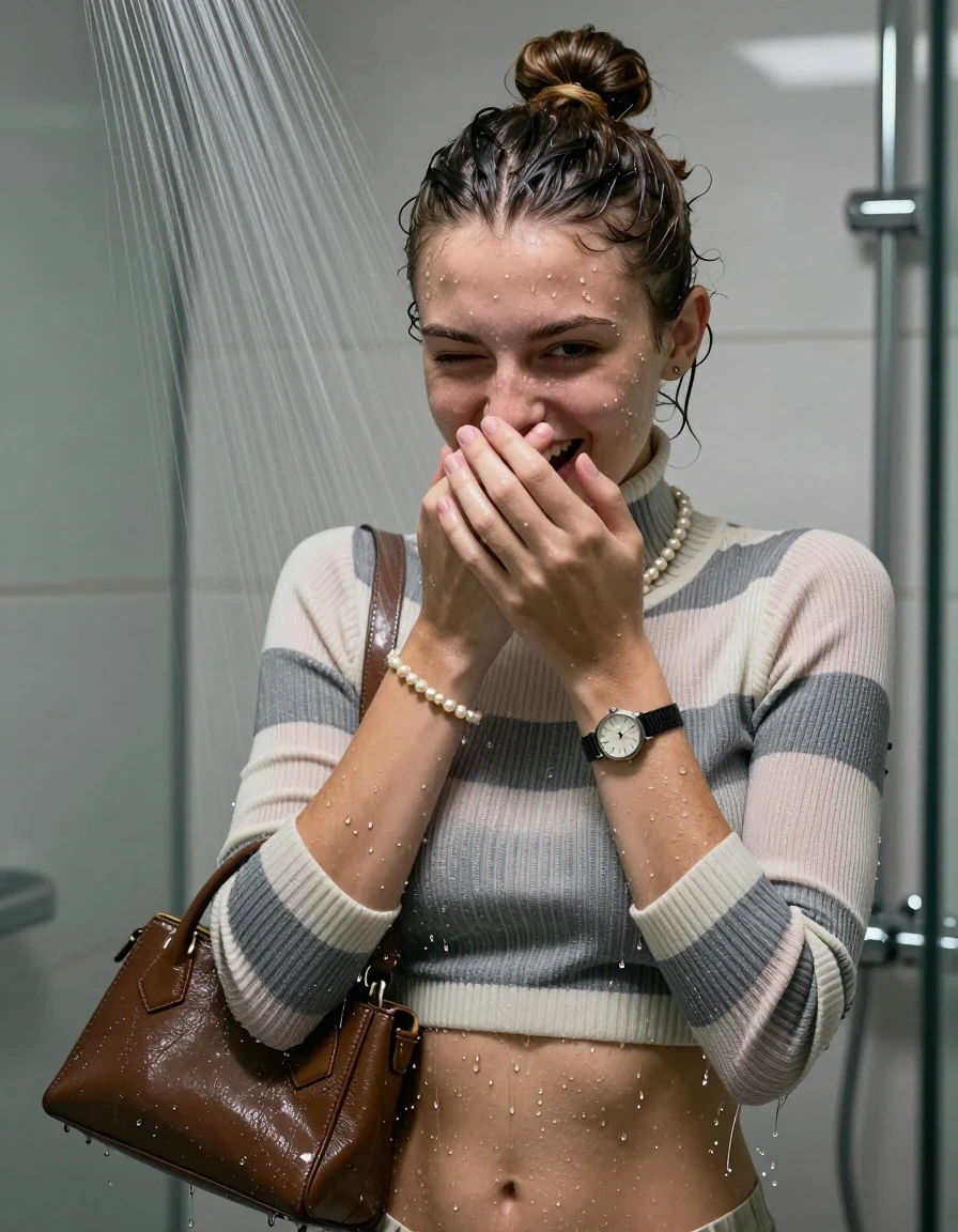 photo of young woman, in soaking wet, drenched clothes,
, ,  tight striped knit turtleneck sweater belly free, handbag, pearl necklace, bracelet, wristwatch, Under the shower, strong jet of water, modern mirrored bathroom, 
enjoying, wet clothes stuck to body,
detailed textures of the wet clothes, wet face, wet plastered hair,
wet, drenched, professional, high-quality details, full body view.
sharp focus, ultra-high pixel detail, realistic, high-quality, full colors, incredibly detailed, 4k, 8k, 16k, hyper-realistic, RAW photo, masterpiece, ultra-detailed, professionally color graded, professional photograph, Topknot

15 years old  teenage girl

Only head and shoulders are over the surface visible. Open mouth, half closed eyes. Looking at camera. Cover her mouth and nose with a hand.

she is completely underwater up to her neck, shy and awkward but she giggles anyways.

her submerged clothes are hardly vusible under water, she soaked her handbag into the water

close up view, wet skin, wet clothes, wet hair, damp fabric, water runs down the clothes, wet skin, wet clothes, damp fabric., wet skin, wet clothes, damp fabric, wet skin, wet clothes, damp fabric, wet skin, wet clothes, damp fabric, wet skin, wet clothes, damp fabric