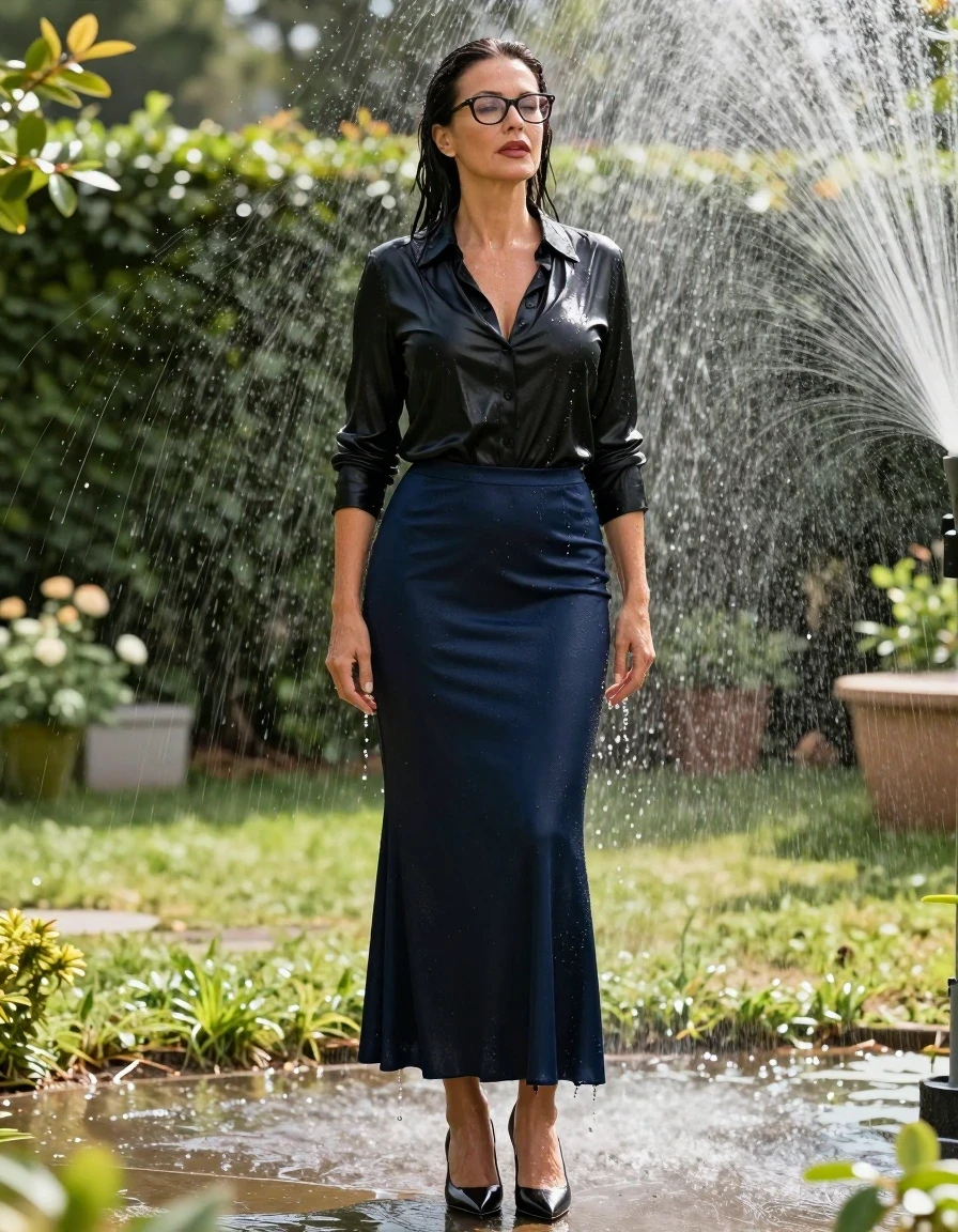 photo of young woman, in soaking wet, drenched clothes,
stlletto shoes, long dark blue flared skirt, maxi black satin shirt dress, standing in sunny garden under water sprinklers, enjoying wet clothes stuck body, enjoying, wet clothes stuck to body, 
enjoying, wet clothes stuck to body,
detailed textures of the wet clothes, wet face, wet plastered hair,
wet, drenched, professional, high-quality details, full body view.
sharp focus, ultra-high pixel detail, realistic, high-quality, full colors, incredibly detailed, 4k, 8k, 16k, hyper-realistic, RAW photo, masterpiece, ultra-detailed, professionally color graded, professional photograph, europen brunette skinny woman 50 years old, long dark black hair, very big and thick lips,  office glasses, complete body, wet skin, wet clothes, damp fabric, wet skin, wet clothes, damp fabric, wet skin, wet clothes, damp fabric, wet skin, wet clothes, damp fabric, wet skin, wet clothes, damp fabric