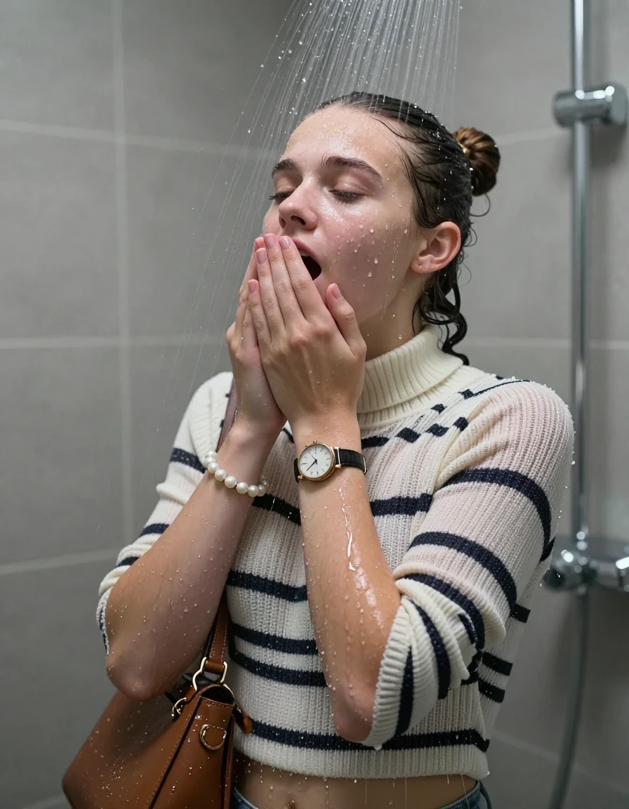 photo of young woman, in soaking wet, drenched clothes,
, , Striped knit turtleneck sweater belly free, handbag, pearl necklace, bracelet, wristwatch, Under the shower, strong jet of water, modern mirrored bathroom, 
enjoying, wet clothes stuck to body,
detailed textures of the wet clothes, wet face, wet plastered hair,
wet, drenched, professional, high-quality details, full body view.
sharp focus, ultra-high pixel detail, realistic, high-quality, full colors, incredibly detailed, 4k, 8k, 16k, hyper-realistic, RAW photo, masterpiece, ultra-detailed, professionally color graded, professional photograph, Topknot

15 years old  teenage girl

Only head and shoulders are over the surface visible. Open mouth, closed eyes. Looking up. Hold her hand on her mouth.

she is completely underwater up to her neck, afraid and astonished expression. 

her submerged clothes are hardly vusible under water, she soaked her handbag into the water

close up view, wet skin, wet clothes, wet hair, damp fabric, water runs down the clothes, wet skin, wet clothes, damp fabric., wet skin, wet clothes, damp fabric, wet skin, wet clothes, damp fabric, wet skin, wet clothes, damp fabric, wet skin, wet clothes, damp fabric, wet skin, wet clothes, damp fabric, wet skin, wet clothes, damp fabric