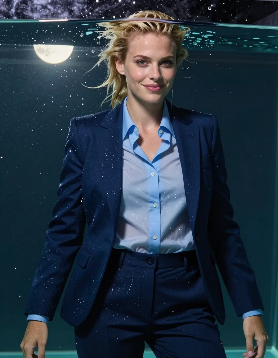 A highly detailed, photorealistic 8k close-up high-fashion portrait of a 27-year-old blonde actress with a suntanned complexion and wet, slicked-back hair, looking into the camera with a classy, smiling expression. She is submerged horizontally in a large glass tank during a moonlit night, with her ear at the water level. She is wearing a dark blue business suit jacket over a light blue button-down shirt, paired with dark blue business trousers. The clothing is visibly soaking-wet, drenched, and clinging to her body, with fabric darkened by water saturation, heavy wet folds, and a glossy, sticky sheen. Water sparkles within the gaps of her shirt, and air bubbles are suspended throughout the water around her. The moonlight casts a soft, warm glow that emphasizes the wet skin and the textured, damp fabric. The composition is a well-balanced, professional, and cinematic underwater shot, focusing on the intricate details of the soaked professional attire and the shimmering water surface.