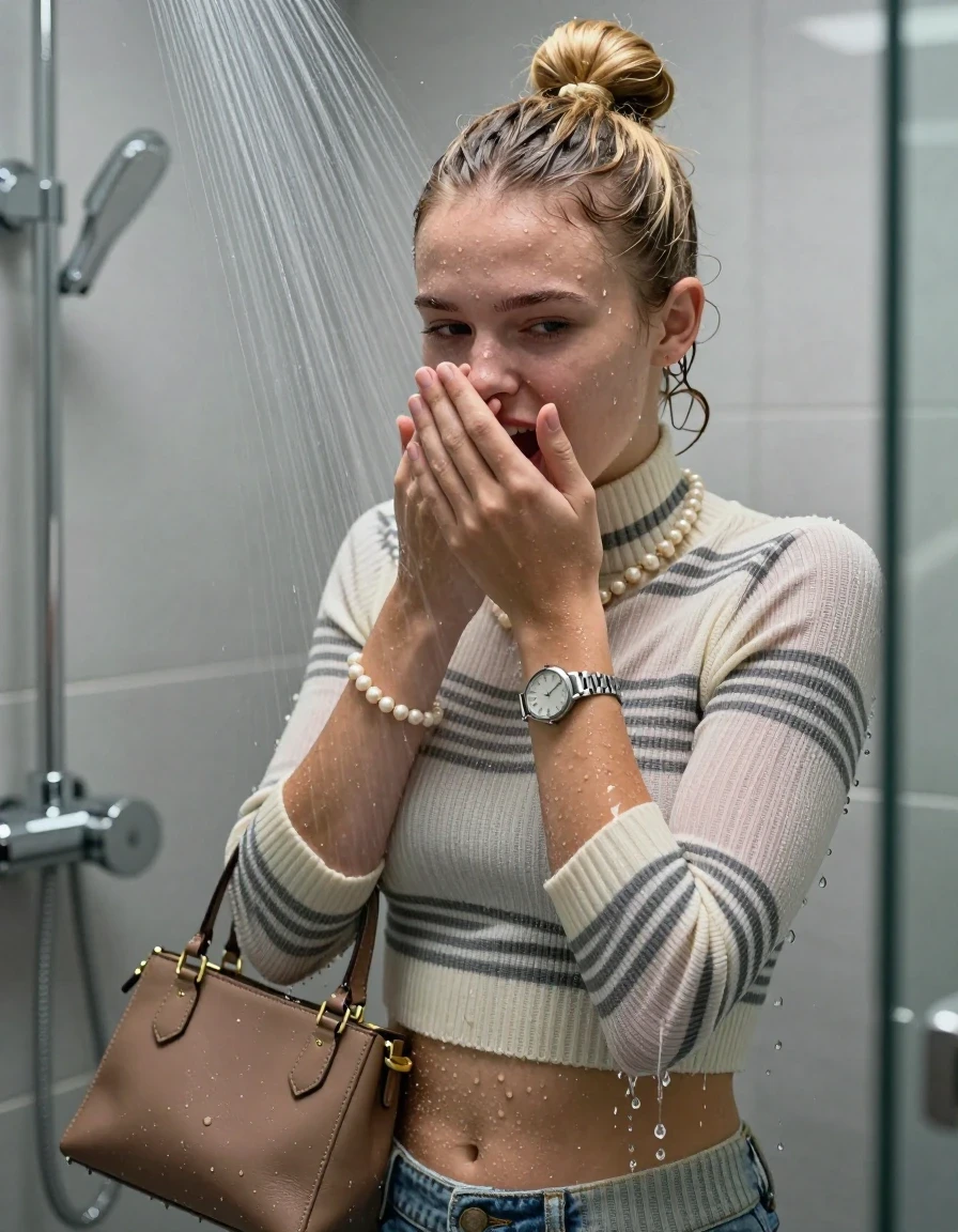 photo of young woman, in soaking wet, drenched clothes,
, ,  tight striped knit turtleneck sweater belly free, handbag, pearl necklace, bracelet, wristwatch, Under the shower, strong jet of water, modern mirrored bathroom, 
enjoying, wet clothes stuck to body,
detailed textures of the wet clothes, wet face, wet plastered hair,
wet, drenched, professional, high-quality details, full body view.
sharp focus, ultra-high pixel detail, realistic, high-quality, full colors, incredibly detailed, 4k, 8k, 16k, hyper-realistic, RAW photo, masterpiece, ultra-detailed, professionally color graded, professional photograph, Blonde Topknot

15 years old  teenage girl

Only head and shoulders are over the surface visible. Open mouth, half closed eyes. Looking slightly at camera. Cover her mouth and nose with a hand.

she is completely underwater up to her neck, shy and awkward but she giggles anyways.

her submerged clothes are hardly vusible under water, she soaked her handbag into the water

close up view, wet skin, wet clothes, wet hair, damp fabric, water runs down the clothes, wet skin, wet clothes, damp fabric., wet skin, wet clothes, damp fabric, wet skin, wet clothes, damp fabric, wet skin, wet clothes, damp fabric, wet skin, wet clothes, damp fabric
