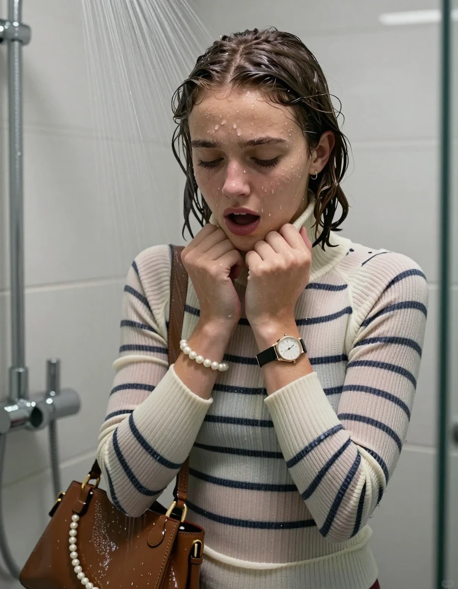 photo of young woman, in soaking wet, drenched clothes,
, ,  tight striped knit turtleneck sweater belly free, handbag, pearl necklace, bracelet, wristwatch, Under the shower, strong jet of water, modern mirrored bathroom, 
enjoying, wet clothes stuck to body,
detailed textures of the wet clothes, wet face, wet plastered hair,
wet, drenched, professional, high-quality details, full body view.
sharp focus, ultra-high pixel detail, realistic, high-quality, full colors, incredibly detailed, 4k, 8k, 16k, hyper-realistic, RAW photo, masterpiece, ultra-detailed, professionally color graded, professional photograph, Italien bob

15 years old  teenage girl

Only head and shoulders are over the surface visible. Open mouth, closed eyes. Looking down. Hold her hands on her chin.

she is completely underwater up to her neck, afraid and astonished expression. 

her submerged clothes are hardly vusible under water, she soaked her handbag into the water

close up view, wet skin, wet clothes, wet hair, damp fabric, water runs down the clothes, wet skin, wet clothes, damp fabric., wet skin, wet clothes, damp fabric, wet skin, wet clothes, damp fabric, wet skin, wet clothes, damp fabric, wet skin, wet clothes, damp fabric